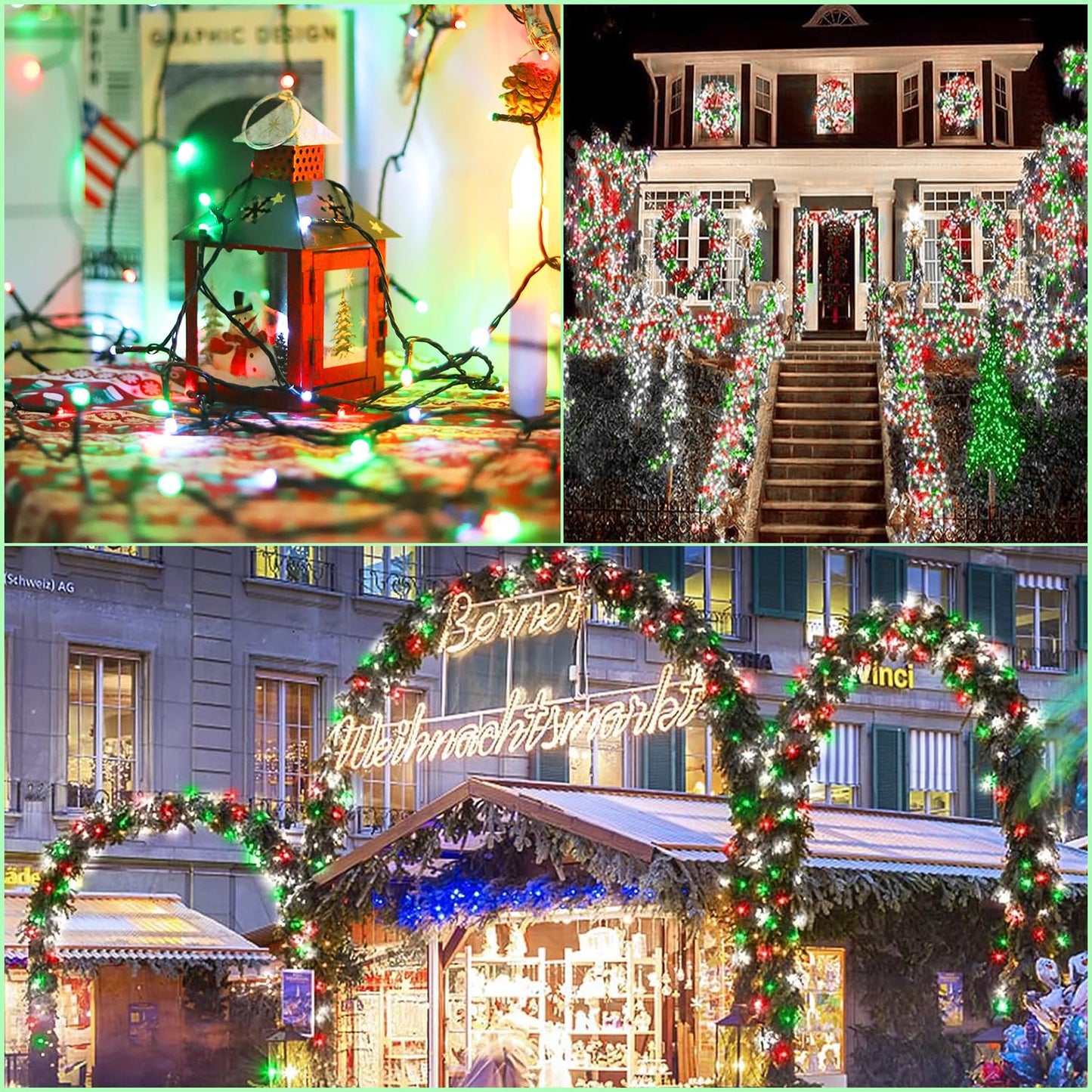 Solar Christmas String Lights Outdoor Waterproof Decorations, Red White Green Fairy Lights, 2PACK Total 400LED 144FT with 8Modes, Outside Lights for Tree, Garden, Patio, Fence, Balcony