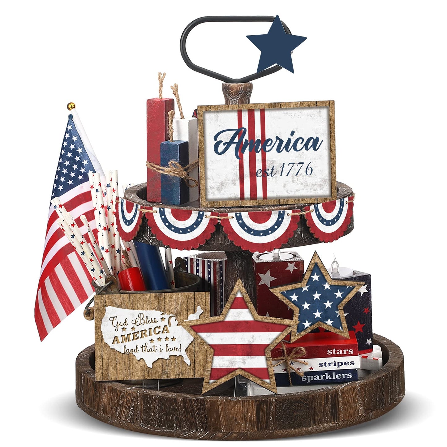 FairySandy 13 Pcs Memorial Day Decorations American 4th of July Patriotic Tiered Tray Decor Rustic 250th Anniversary Farmhouse Table Wooden Sign USA Flag Star Red White Blue for Independence Day Party