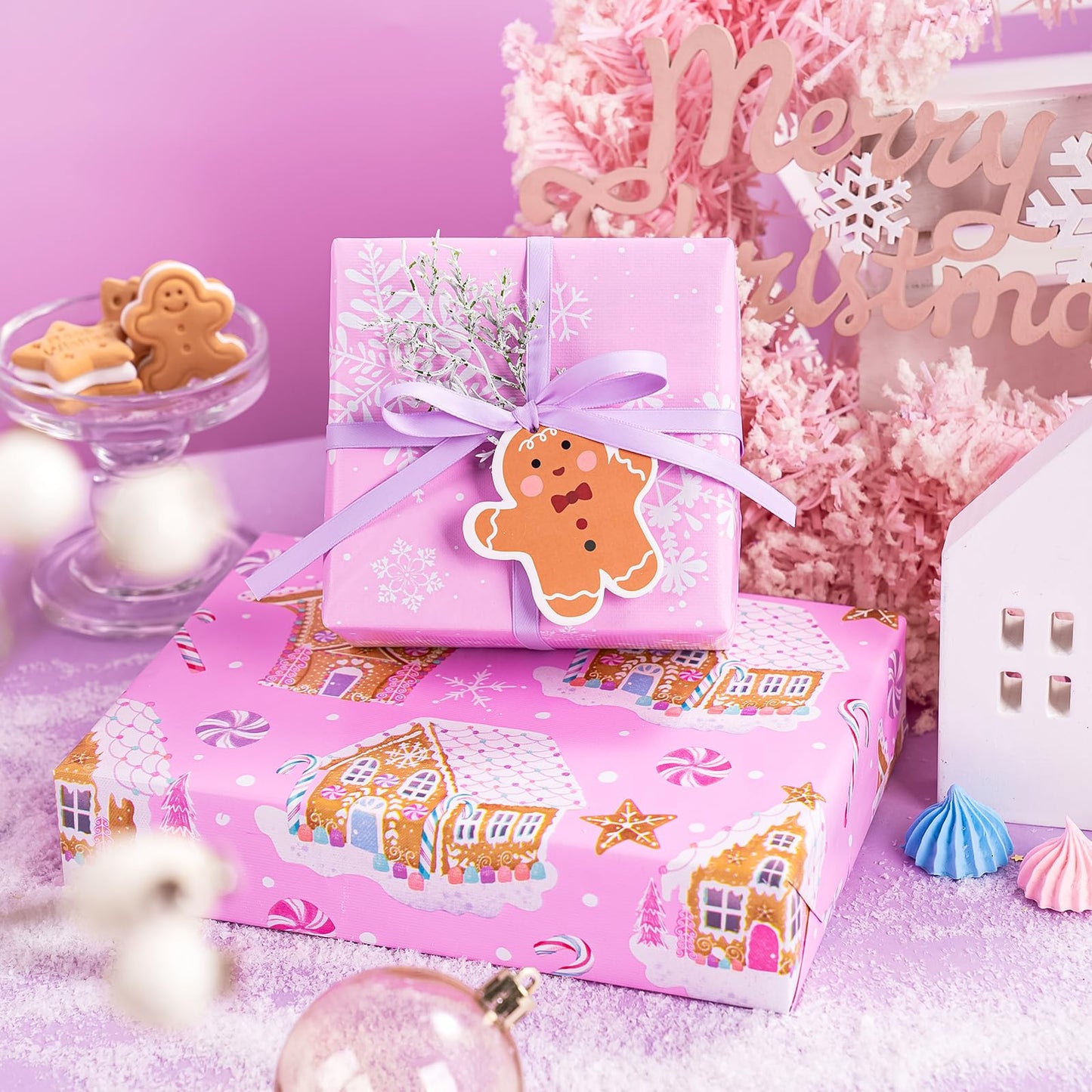 Reversible Gingerbread Christmas Wrapping Paper - Mini Roll - 17 Inch x 33 Feet - Pink Gingerbread House and Snowflake with Embossed for Christmas, Holiday, Party Celebration