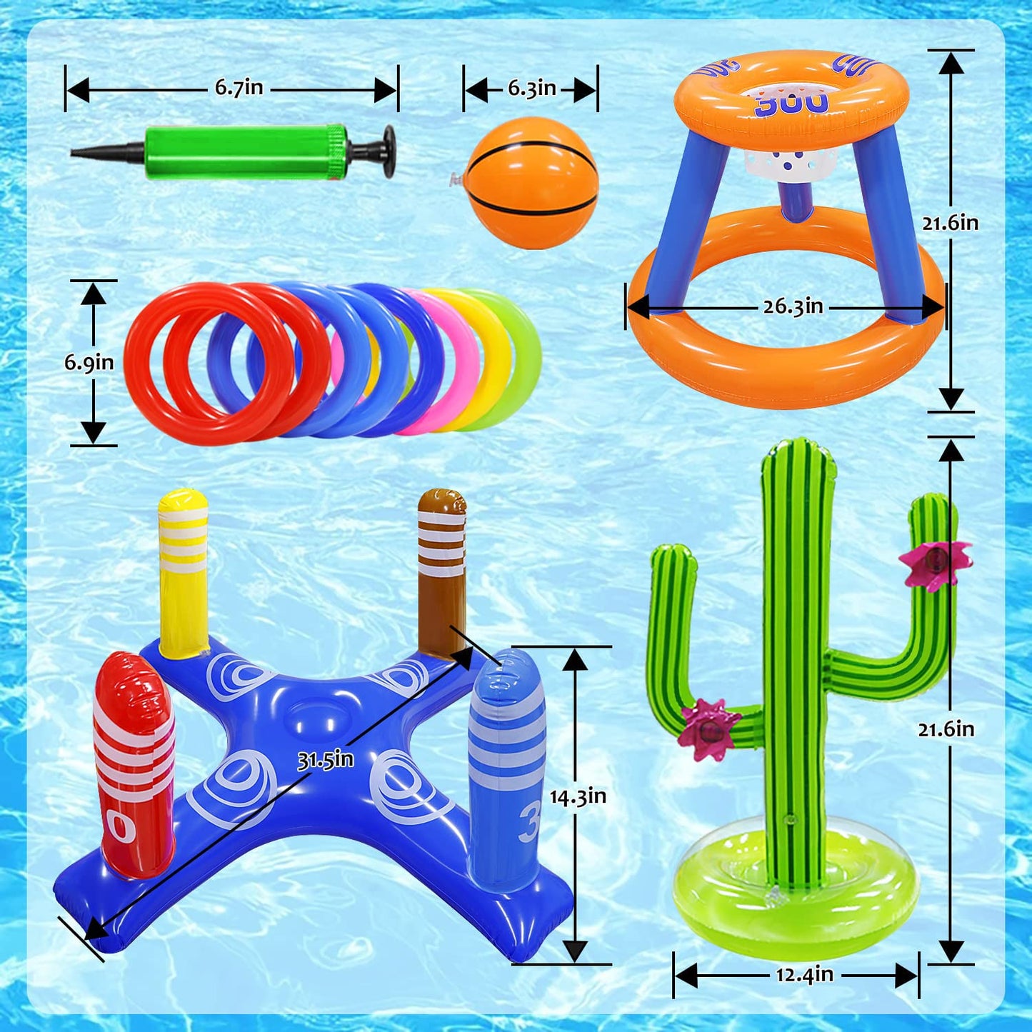 Gemle Pool Toys Games Set,Pool Basketball Hoop Inflatable Cross Ring Toss Game and Inflatable Cactus Kids for Teens Adults and Family (3 Set Water Toys)