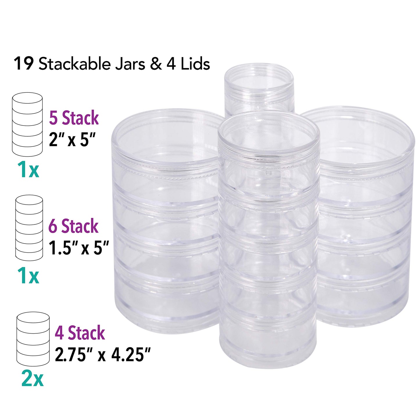The Beadsmith – Stack Jar 4-Piece Assortment – 2 x 4 Stack, 1 x 5 Stack, 1 x 6 Stack, Pill containers, Empty Pot Jars, refillable Cosmetic containers, Small Plastic Organizers