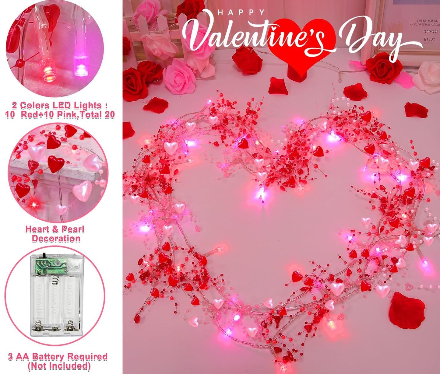 2 Pack Valentines Day Decorations Pink & Red Hearts Lights, Valentine Day Garland with Light Total 13Ft 40LED Beads Hearts String Light Battery Operated Valentines Day Lights for Home Bedroom