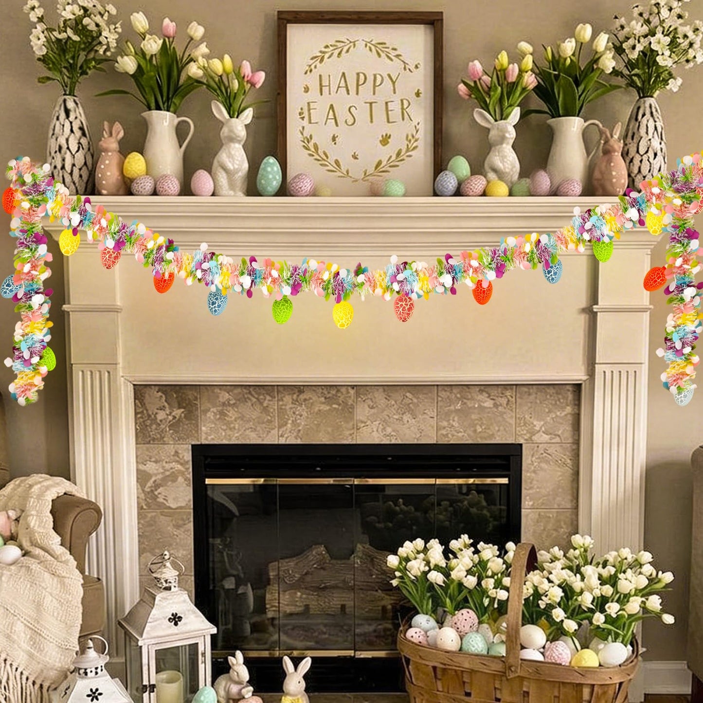 8.5Ft Easter Garland Lights with 10L LED Easter Egg String Lights Plug in and Pastel Tinsel Spring Garland Decorations for Indoor Holiday Home Bedroom Classroom Easter Decor