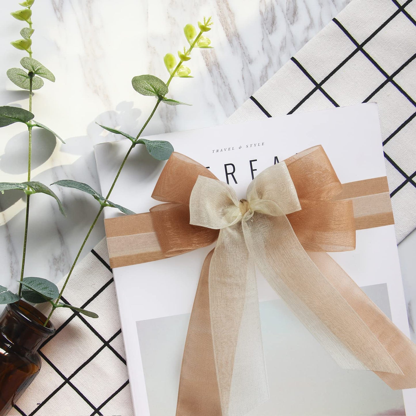 Showin 5 Rolls Organza Ribbon 1" x 25 Yd Each Roll, Fall Sheer Chiffon Ribbon, Transparent Sheer Ribbon for Gift Wrapping, Bouquet, Wedding, Party Decoration