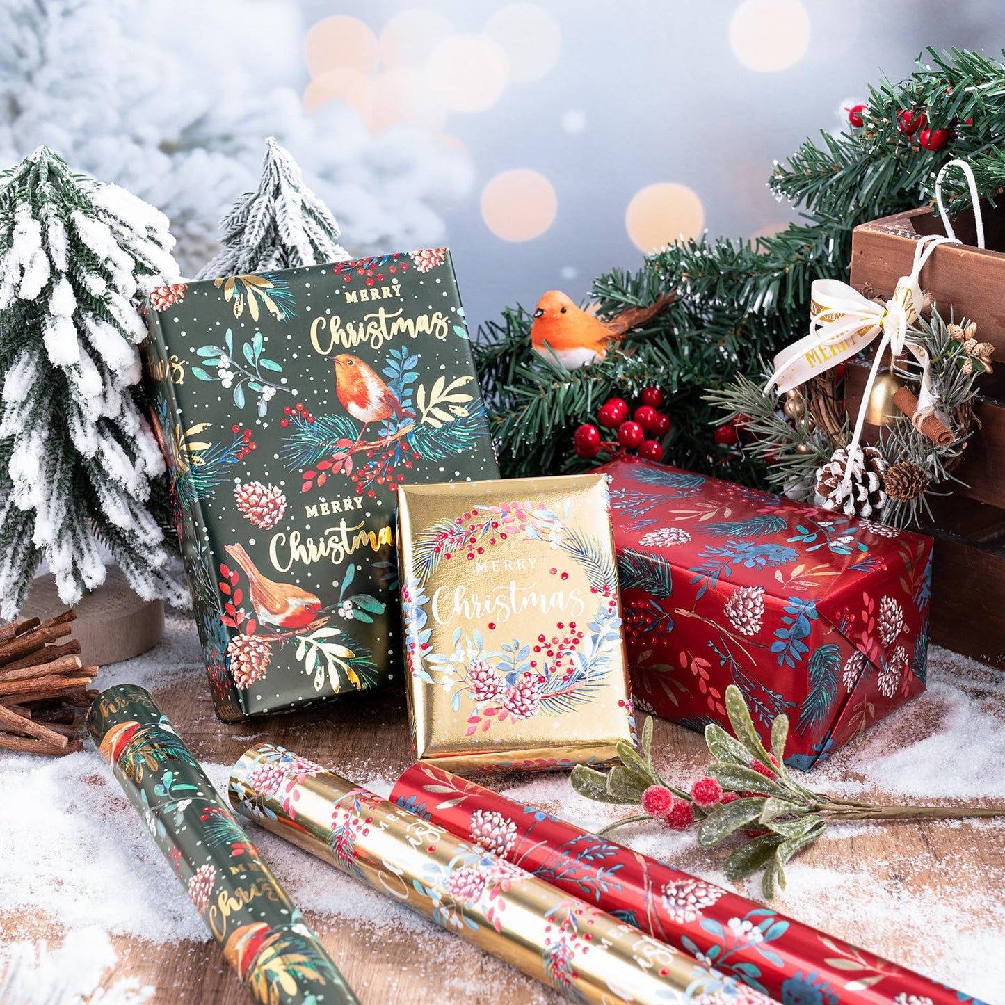 Christmas Wrapping Paper Roll - Mini Roll - 3 Rolls - 17 Inch x 120 Inch Per Roll - Bird, Christmas Garland, Holly and Pinecones Holiday Design with Metallic Foil Shine