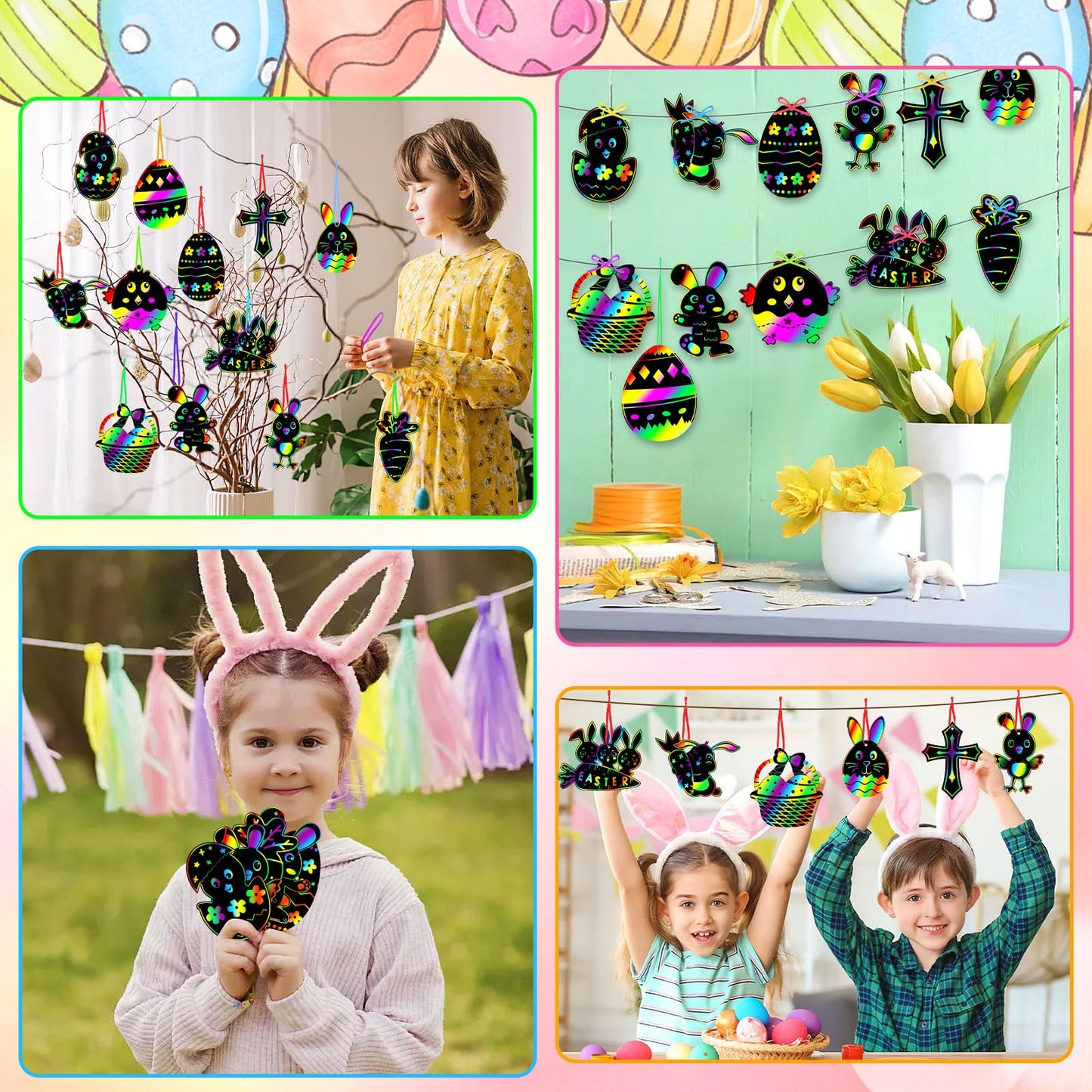 Easter Crafts for Kids, 36 Pack Magic Rainbow Scratch Paper Kit Cute Bunny Scratch Art for Kids Easter Party Favors Gifts Egg Basket Stuffers