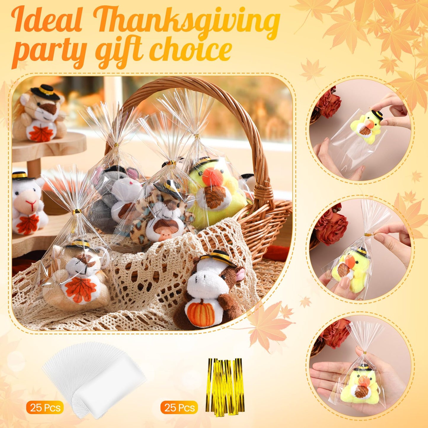 24 Mini Thanksgiving Stuffed Animal Set Fall Small Thanksgiving Stuffed Animal Bulk Autumn Plush Toy Keychain Decor for Fall Party Favors Tree Ornament Goodie Bag Fillers Gift 3 Inch