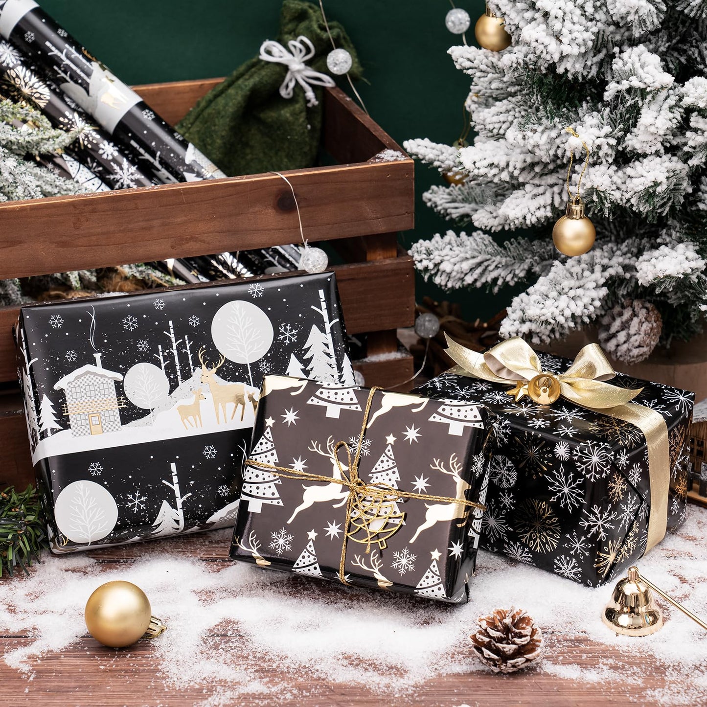Christmas Wrapping Paper Roll - Mini Roll - 3 Rolls - 17 Inch X 120 Inch Per Roll - Black and Gold Reindeer Family, Snowflake Holiday Collection with Metallic Foil Shine