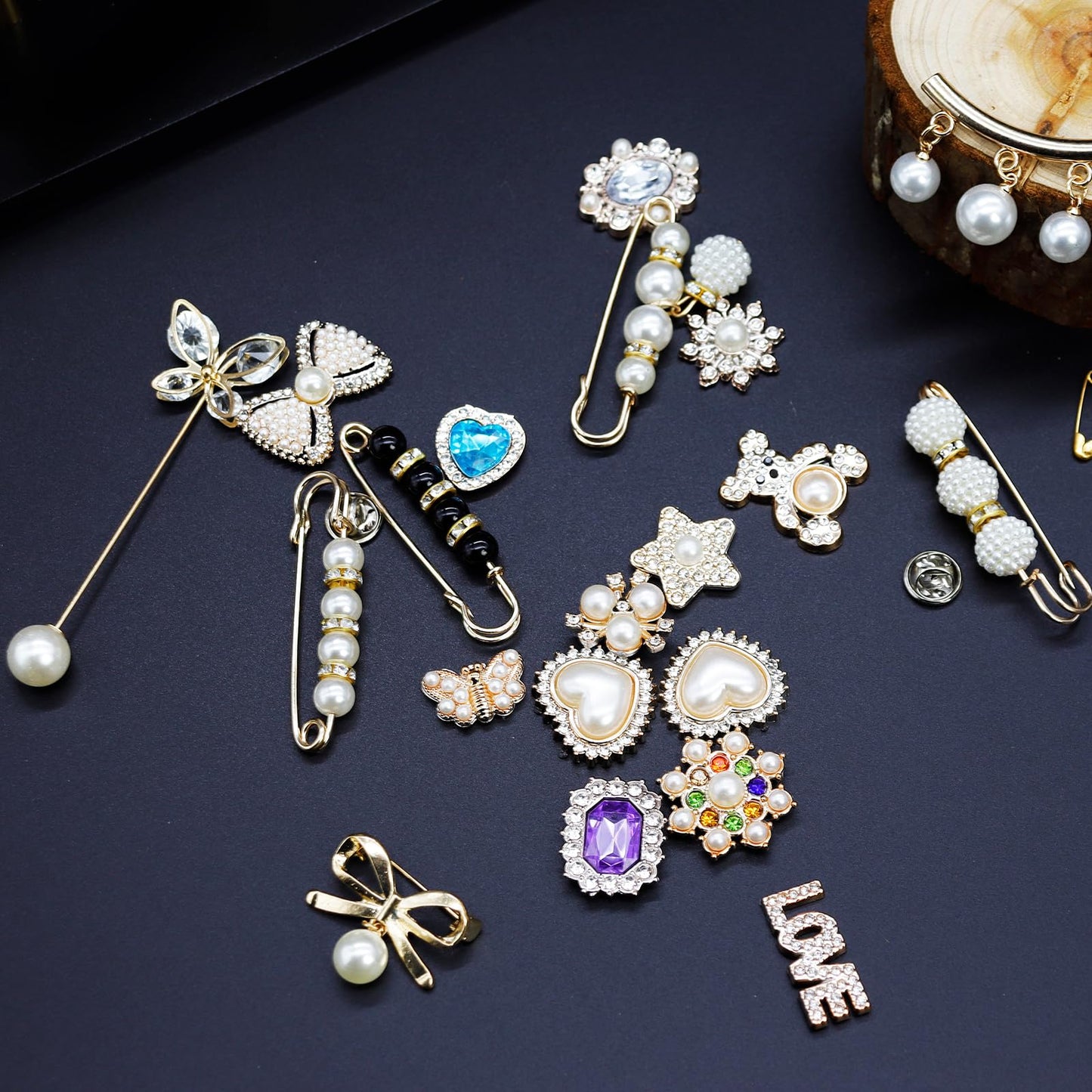 65Pcs Charms for Socks Safety Pin Brooch junk socks charms Brooches and Pins for Women Junk Socks Charms Pins Safety Pin Charms for Socks Pearl Rhinestone Brooch Pins Buttons Shoe Sock Charms Kit