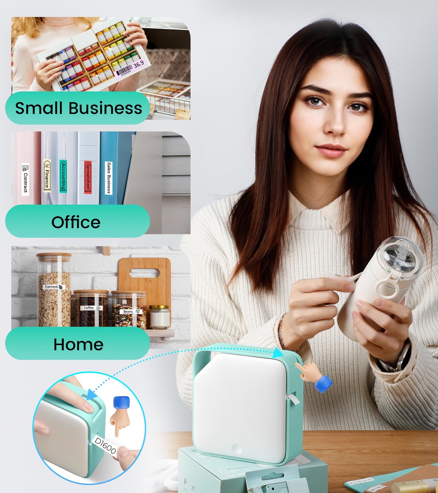 Vixic Label Maker, D1600 Label Maker Machine with-Tape, Bluetooth Handheld Label Makers Portable, Easy Labeler Machine with Multiple Template Icon Font for School Home Office Organization, Inkless