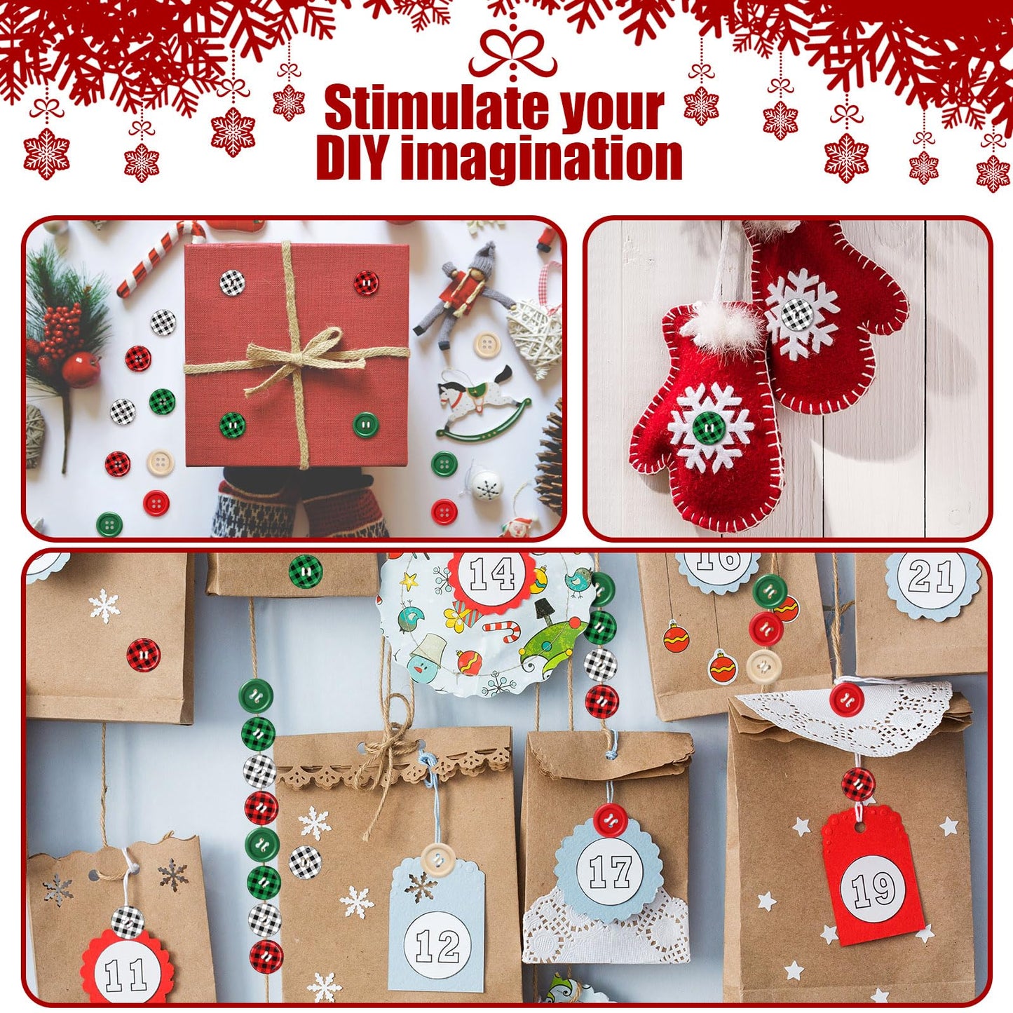 Luinabio 300 Pieces Christmas Buffalo Plaid Wood Buttons 4 Holes Black Red Wooden Buttons Gingham Craft Buttons Round Decorative Buttons for DIY Sewing Christmas Stocking Decor 0.79 Inch 6 Style