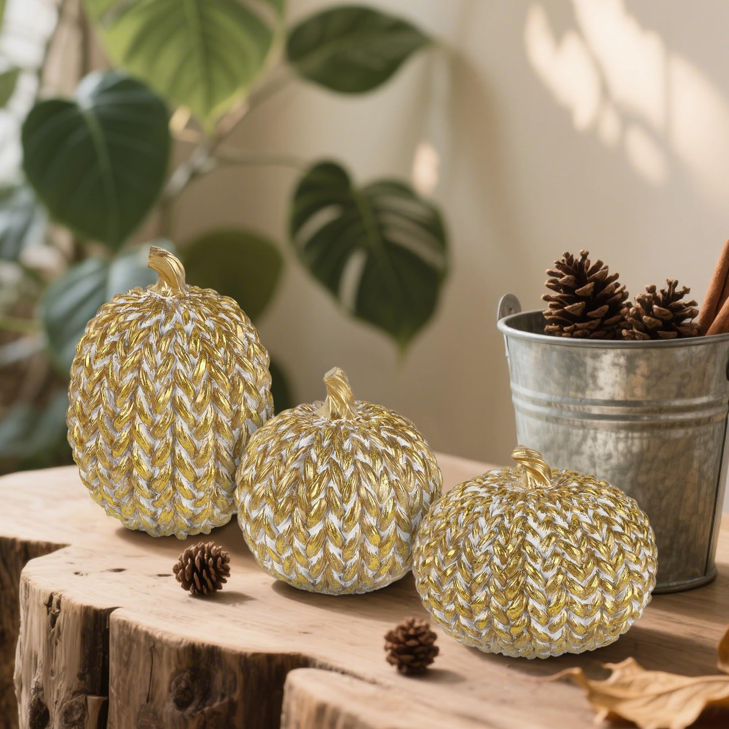 Fall Decorations for Home Set of 3, Gold & White Resin Pumpkin Decor with Woven Design - Thanksgiving Table Centerpiece, Mantel, Indoor & Outdoor Farmhouse Autumn Décor