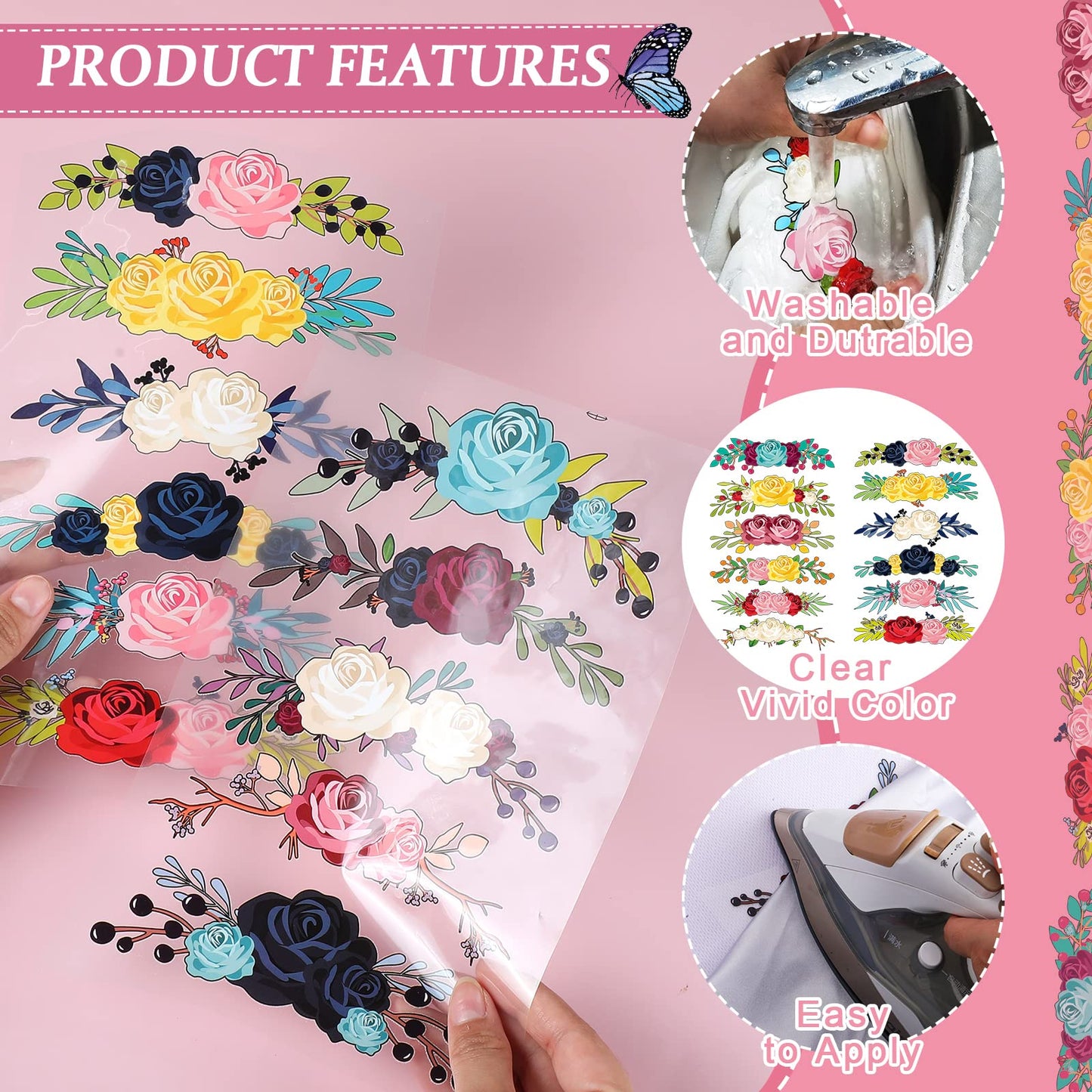 Flower Iron on Heat Transfer Patches and Butterfly Stickers Iron on, Iron on Decals Clothing Appliques for Clothes Jacket Shirts Dress Backpacks (49 Pcs)