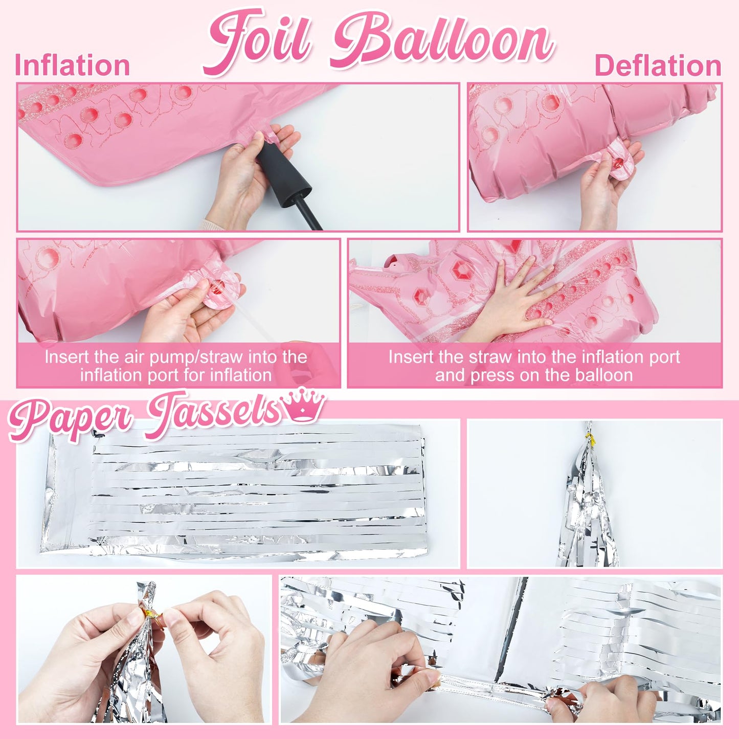 Amandir Pink Birthday Decorations for Women Girls, Silver Pink Confetti Foil Balloons Happy Birthday Banner Butterfly Fringe Curtains Cake Topper for Princess Party Supplies Decor