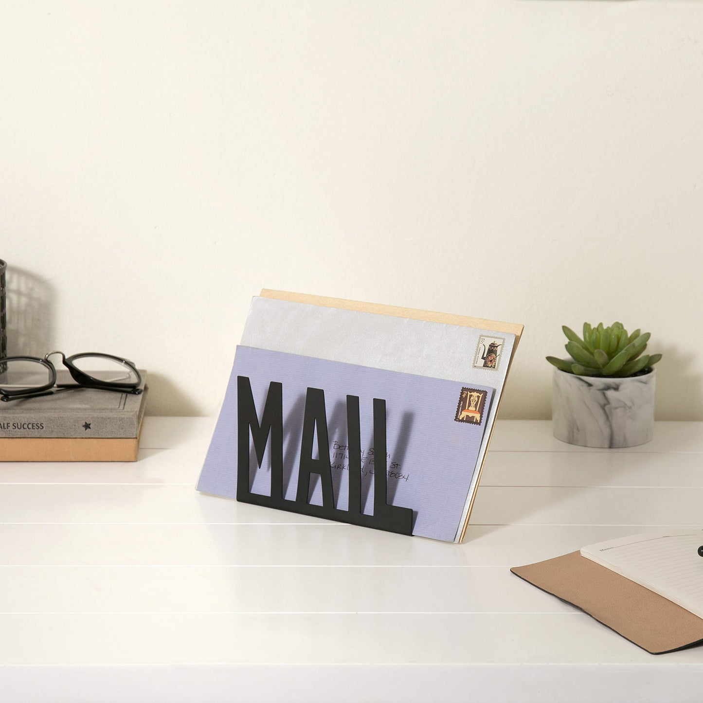 Modern Black Metal Mail Holder Countertop Organizer with Cutout Mail Lettering Design, Office Desktop Envelope and Document Storage Rack