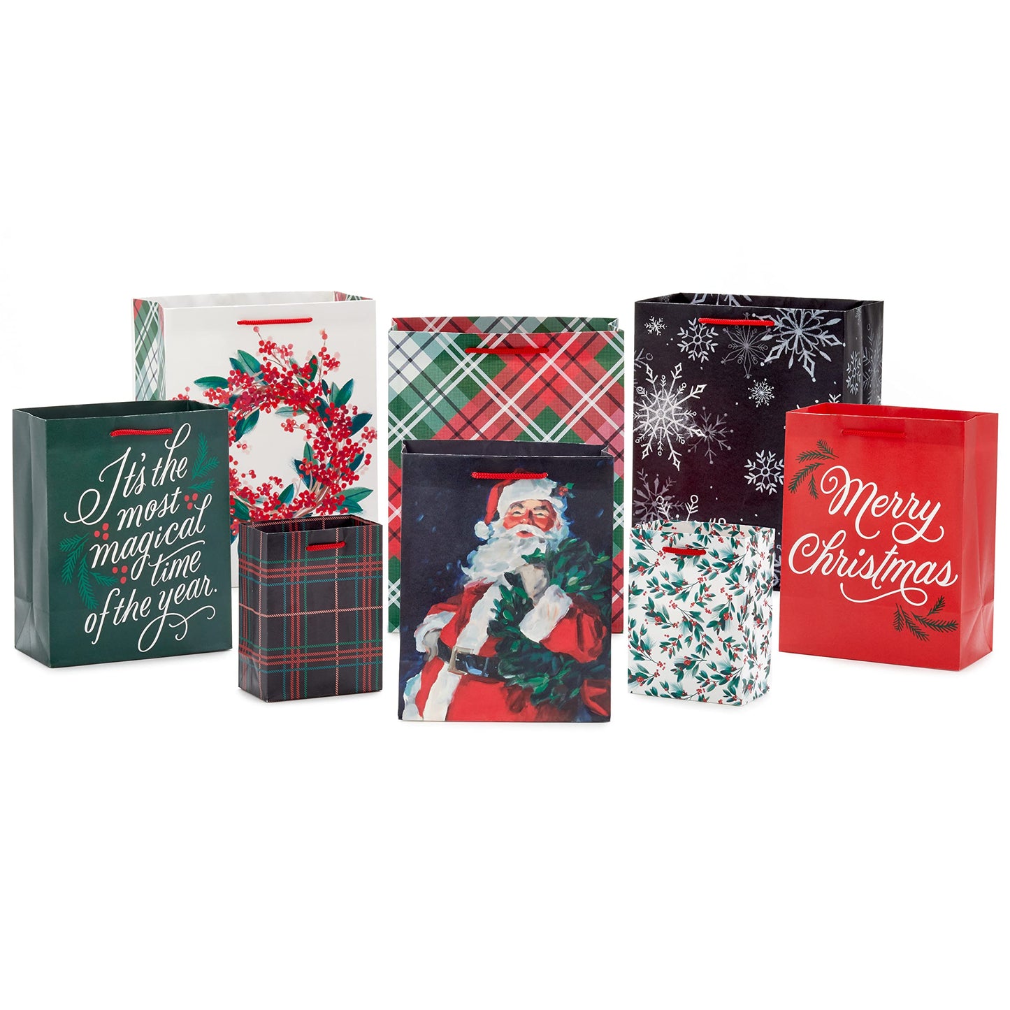 Assorted Christmas Gift Bag Bundle (8 Bags: 2 Small 5", 3 Medium 8", 3 Large 11") Classic Santa, Black and Red Plaid, Snowflakes, Holly