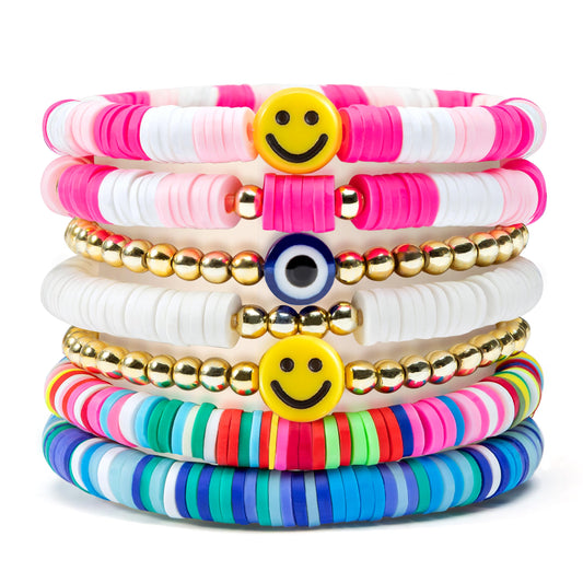 Y1tvei 7Pcs Heishi Surfer Bracelets Set Colorful Preppy Smile Evil Eye Beaded Stretch Bracelets Clay Stackable Boho Disc Y2K Aesthetic Summer Beach Bracelets