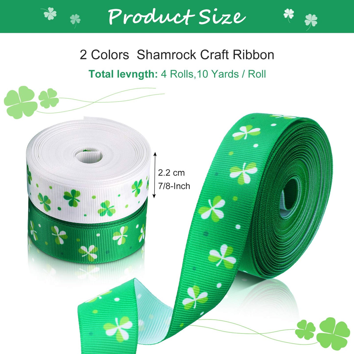 4 Rolls 40 Yards Shamrock Grosgrain Ribbon Irish Clover Pattern Fabric Ribbon 7/8 Inch Holiday Polyester Grosgrain Craft Ribbon for St. Patrick's Day Festival Decor Bows Wreath Lanyards Wrapping
