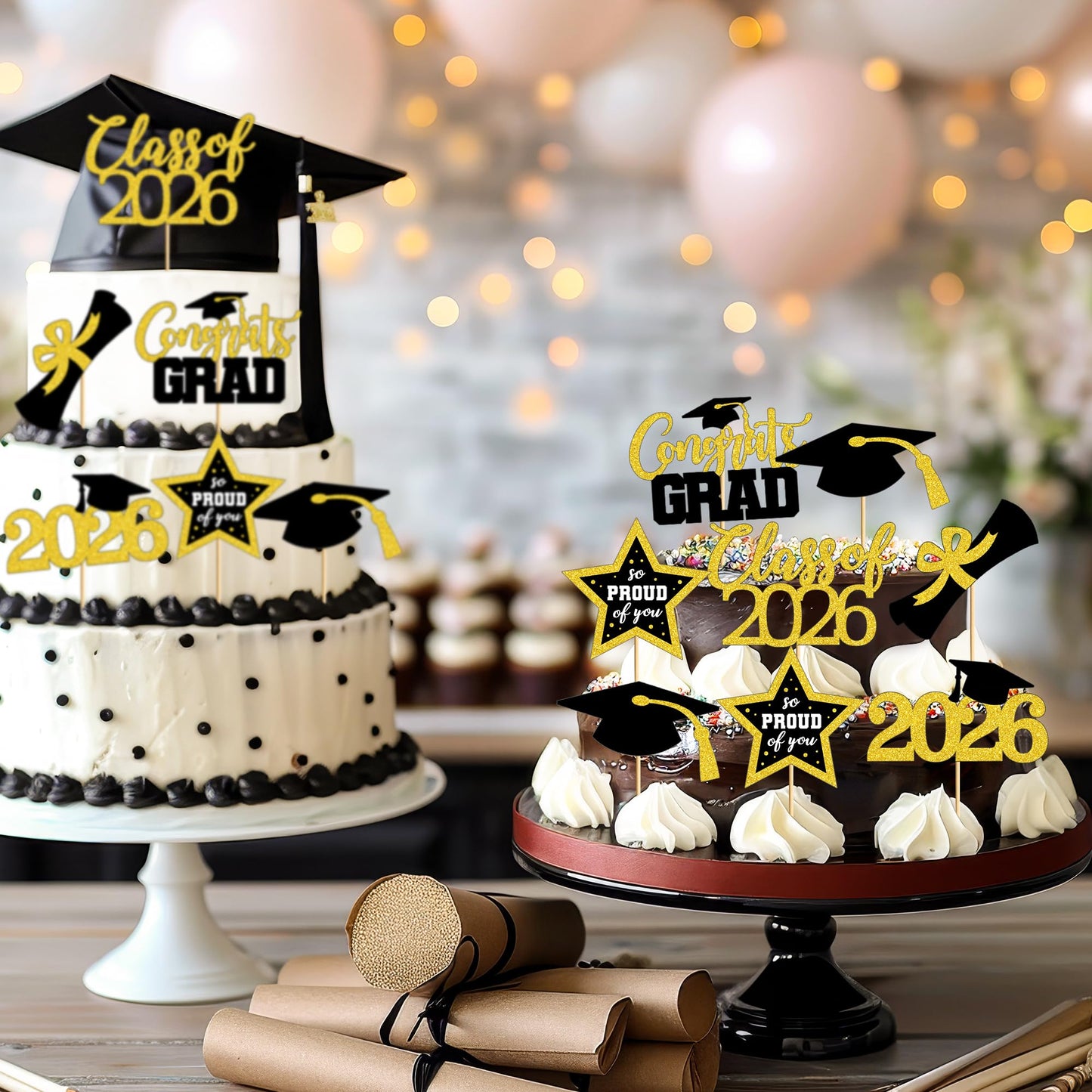48 PCS Graduation Cupcake Toppers, 6 Styles Congrats Grad Cake Topper, Black and Gold Graduation Decorations 2026, Glittery Cap and Diploma Cake Picks for Grad Party Decor Supplies