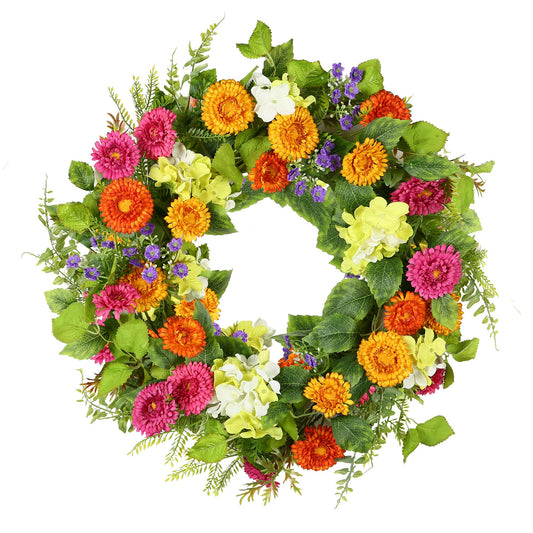 YNYLCHMX 18" Spring Summer Wreaths for Front Door, Artificial Floral Wreath with Daisy Flowers Green Tea Leaves, Green Foliage Wreath for Wall Window Farmhouse Party Holiday Home Decor