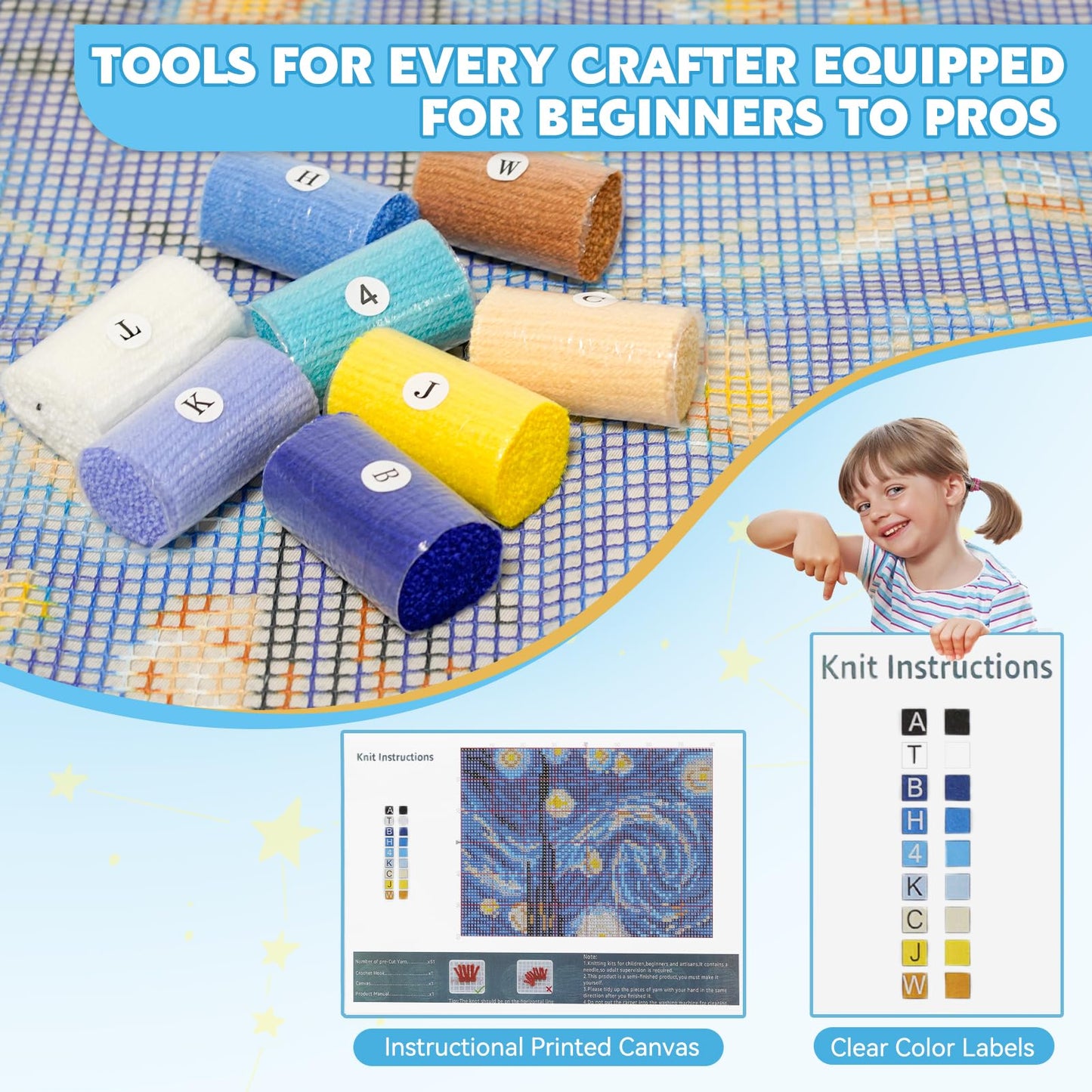 Latch Hook Rug Kit DIY Crochet Carpet for Beginners, Starry Sky Patterns Pre-Printed Canvas Yarn Rug Hooking Kits, Creative Craft Home Decor Ideal for Learning Rug Making