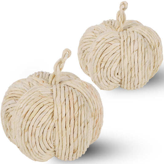 2 Pack Woven Pumpkin Decor - Fall & Thanksgiving Home Decorations, White Pumpkins Farmhouse Autumn Centerpieces for Table, Mantel, Porch Decor (Cattail Material, Assorted Size)