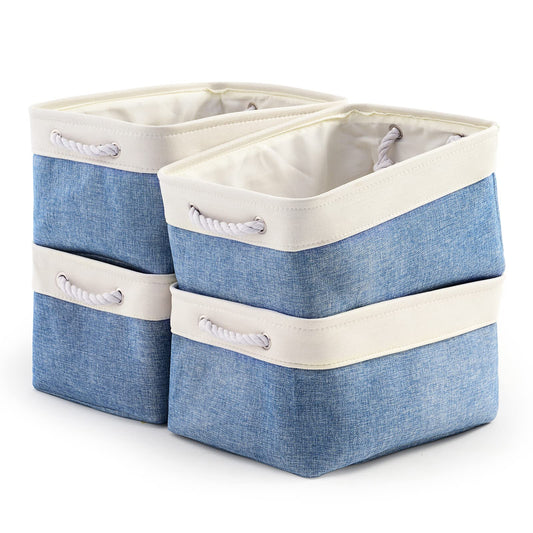 TcaFmac Storage Basket for Organizing - Large 4 Pack Fabric Storage Bins Baskets for Shelves with Ropes, Foldable Storage Cubes for Closet Cloth Toy (White & Blue16x12x8 inch)