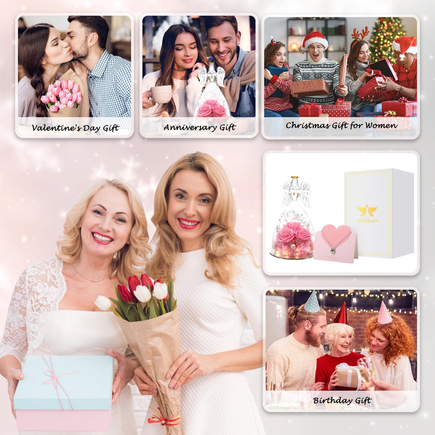 Gifts for Mom Birthday Gifts for Women,Preserved Flowers Rose in Glass Angel Figurines Flowers for Delivery,Preserved Three Red Rose with Lights,Birthday for Mom Women Grandma Wife