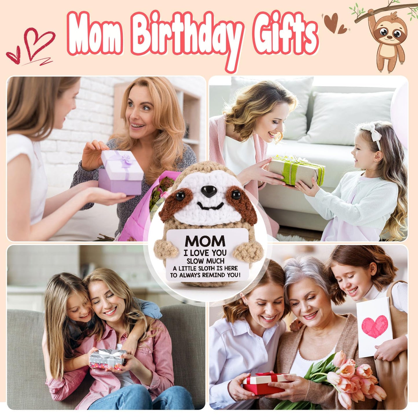 MBL Gifts for Mom Birthday Mother's - Mothers Day Easter Funny Cute Romantic Crochet Sloth for Mama Bonus Step Mother from Daughter Son, Mom I Love You Sloth Much