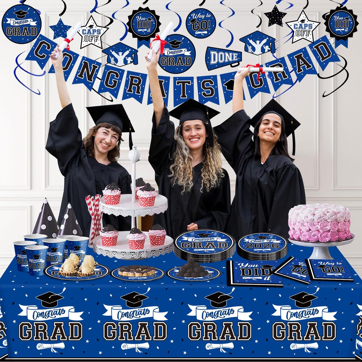 DAZONGE Graduation Decorations 2026 Blue, 265pcs Graduation Party Decorations 2026, Disposable Tableware Set for 50 Guests, Plates, Cups, Tablecloth with Congrats Grad Hanging Decor