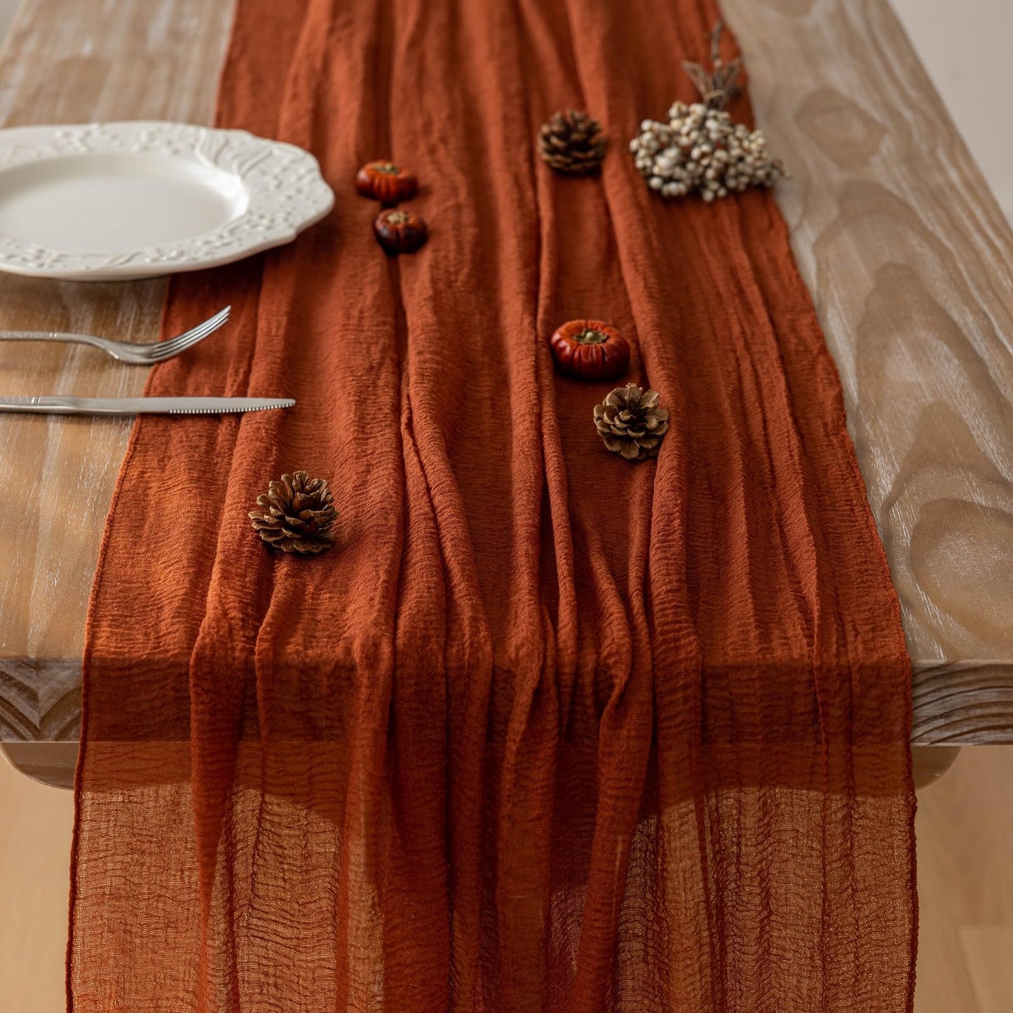 Keketo Fall Table Runner Terracotta Gauze Cheesecloth 120 Inch 10 FT Rustic Burnt Orange Cheese Cloth Table Runner for Wedding Baby Bridal Shower Party Rustic Boho Sheer Centerpiece Home Decorations