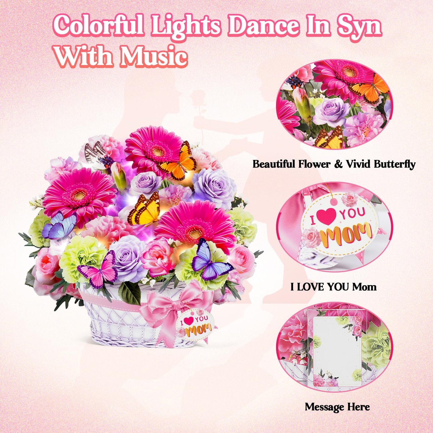 MZD8391 Mothers Day Card with Music & Lights, 3D Pop Up Mother's Day Cards, Gerbera Daisy & Butterfly, 10 Inch Forever Flower Bouquet Birthday Gift for Wife, Women, Mom