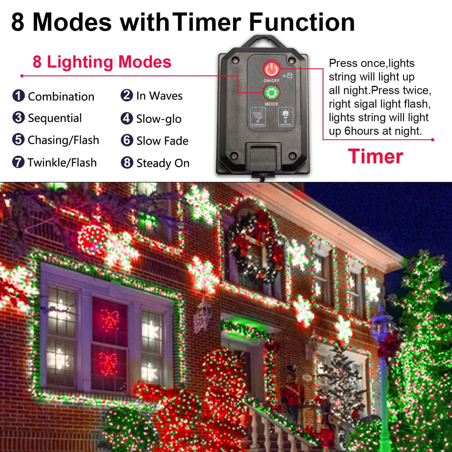 Solar Christmas String Lights Outdoor Waterproof Decorations, Red White Green Fairy Lights, 2PACK Total 400LED 144FT with 8Modes, Outside Lights for Tree, Garden, Patio, Fence, Balcony