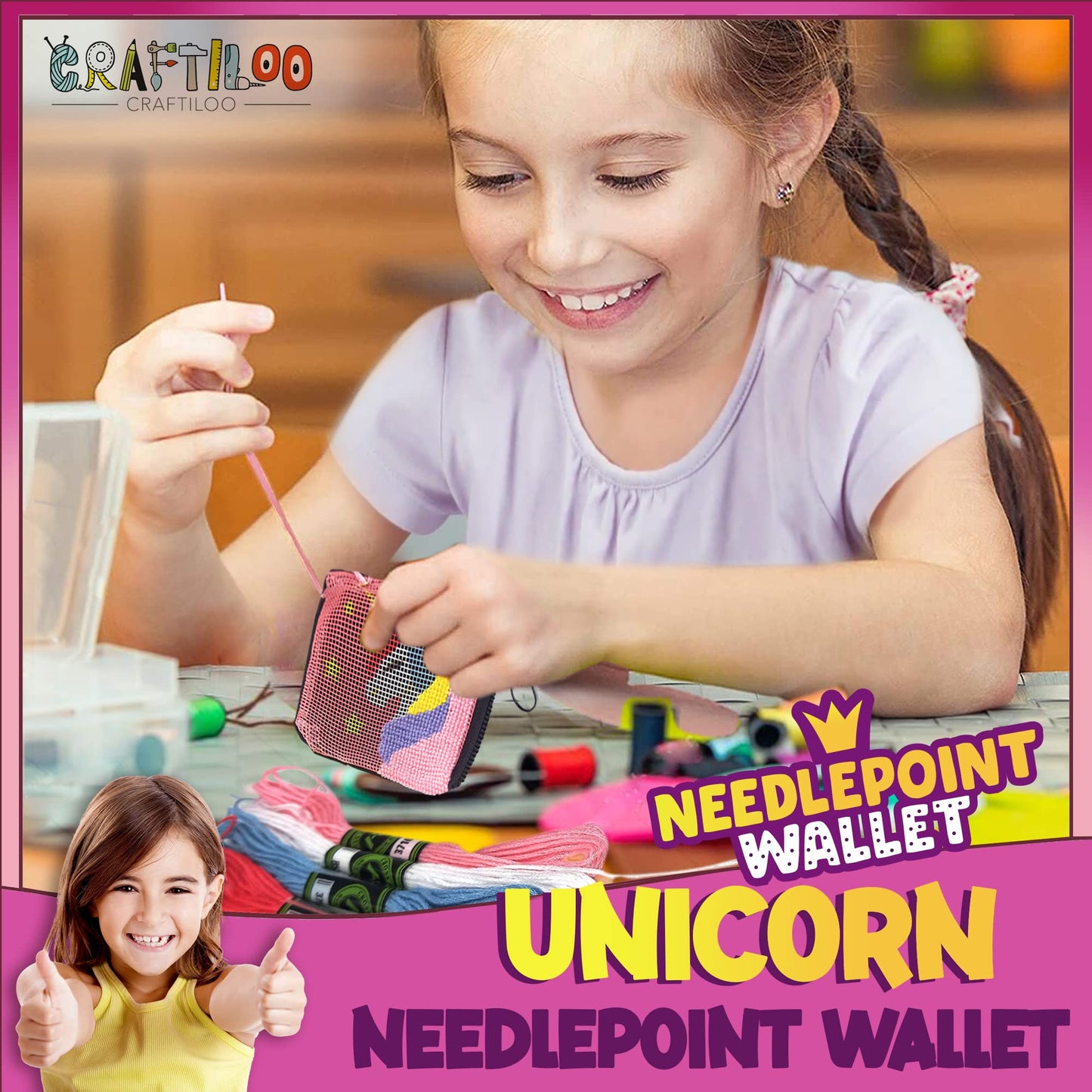 Pre Printed Needlepoint Wallet Kit for Kids Embroidery Arts and Crafts Set Cross Stitch Sewing Latch Hook Kit (Unicorn)