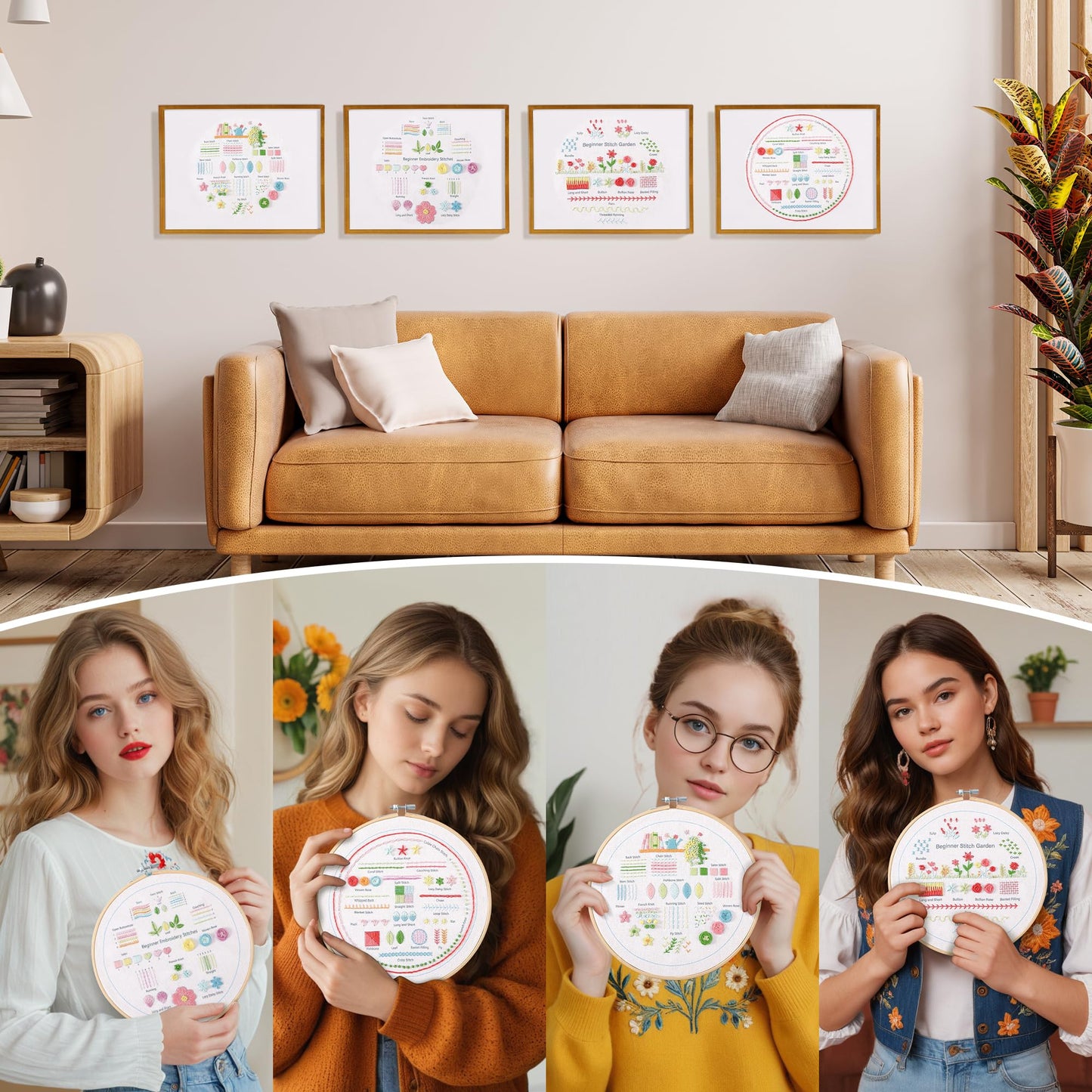 4 Sets Embroidery Kit for Beginners Adults, 35 Stitches Practice Kits Cross Stitch for Starter, DIY Hand Craft with Stamped Pattern, Bamboo Hoop, Threads, Needles, Scissors, Tools, Instruction