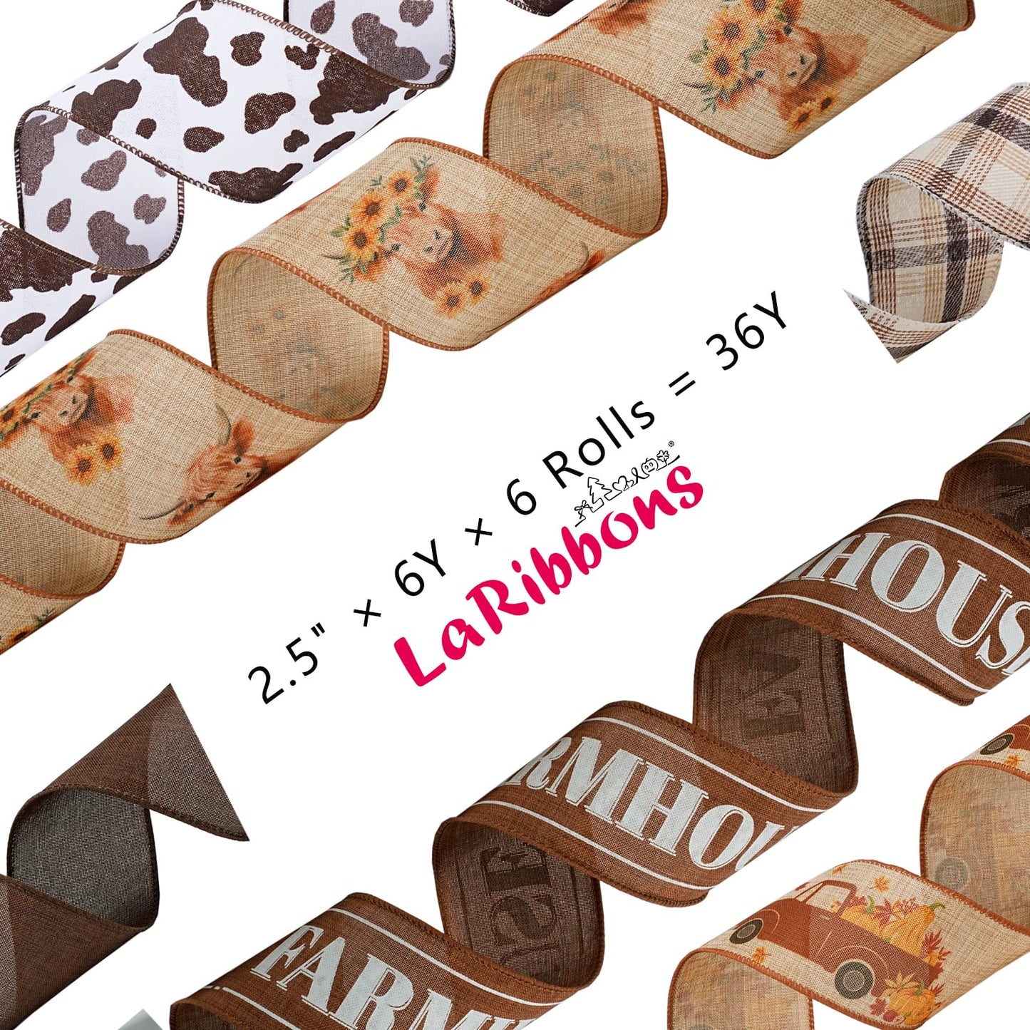 Fall Burlap Plaid Ribbon Wired 2 1/2" x 6 Yards 6 Rolls, Harvest Farm Ribbon for Autumn Wreath Thanksgiving Christmas Farm Gift Wrapping Home Decor