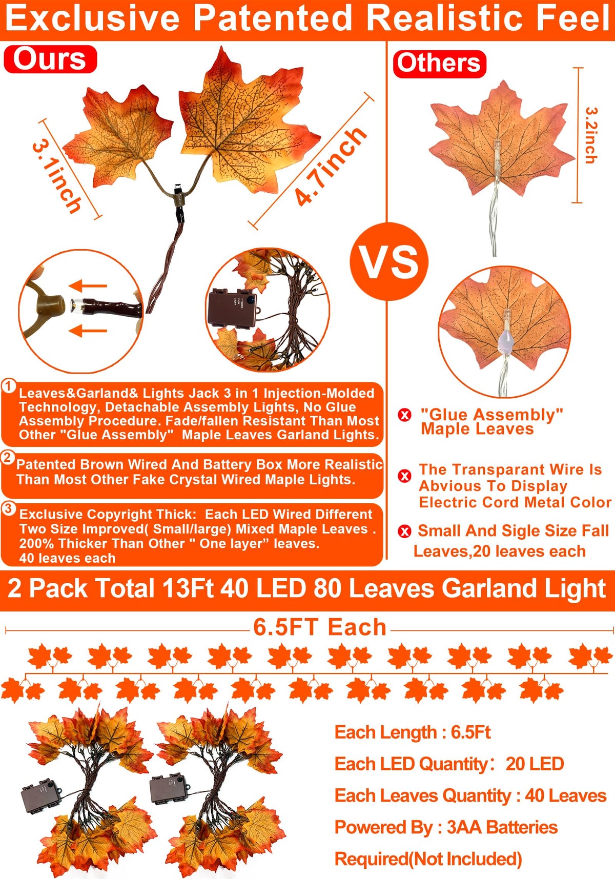 Timer & Thicker Leaves - 2 Pack Fall Garland with Lights Battery Operated