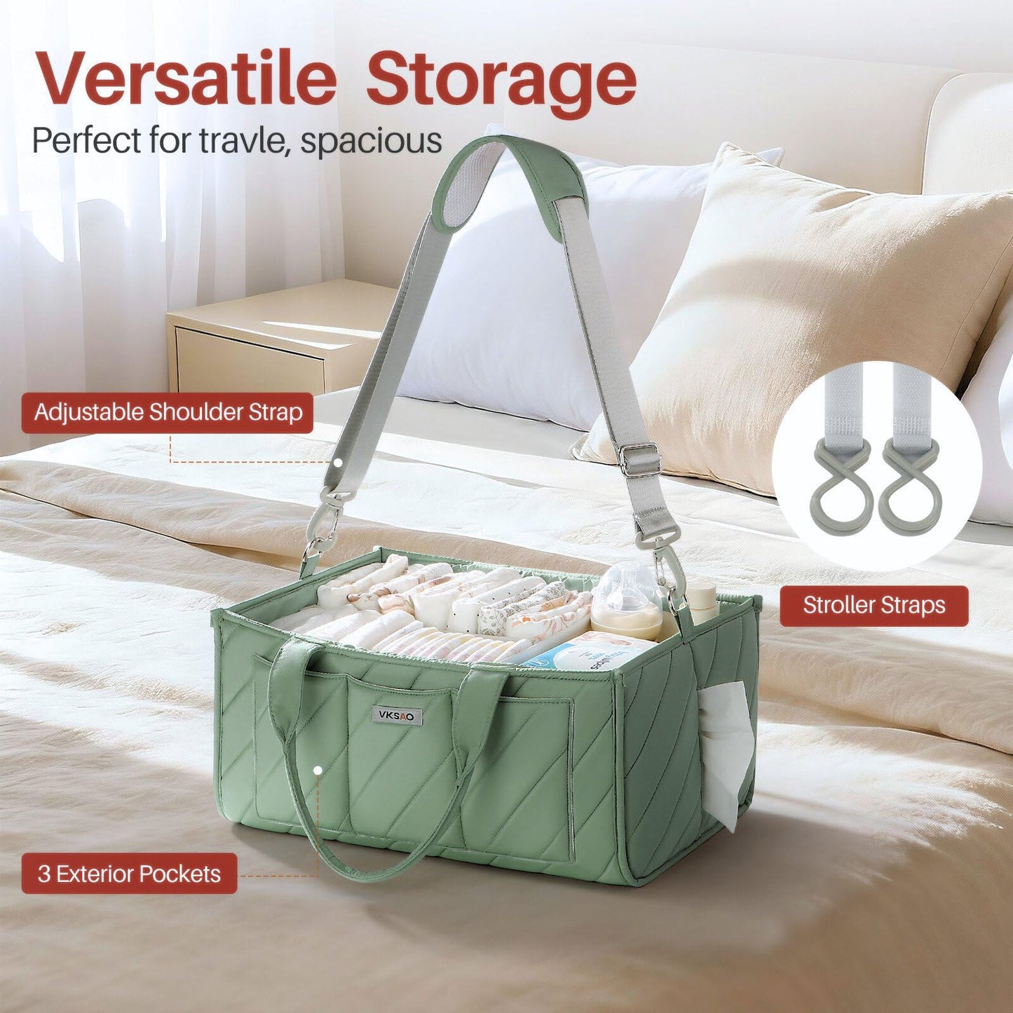VKSAO Baby Essentials Diaper Caddy Organizer – Portable Storage Basket with Shoulder Strap & Stroller Hooks, Splashproof Quilted Nursery & Car Tote, Gender Neutral Gifts for Baby Shower, Sage Green