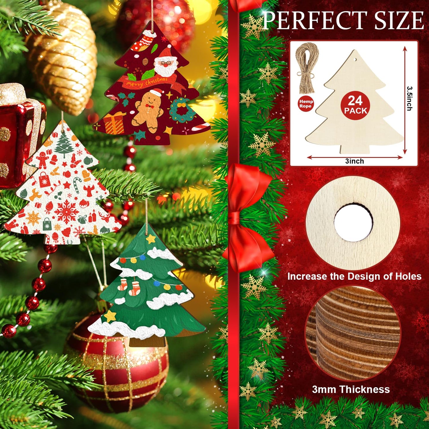 Wooden Christmas Tree Ornaments to Paint Christmas Thanksgiving Decoration Cutouts Unfinished 24PCS 3.5 x 3 inches, DIY Blank Unfinished Christmas Tree Wood Discs Ornament for Home Crafts Hanging