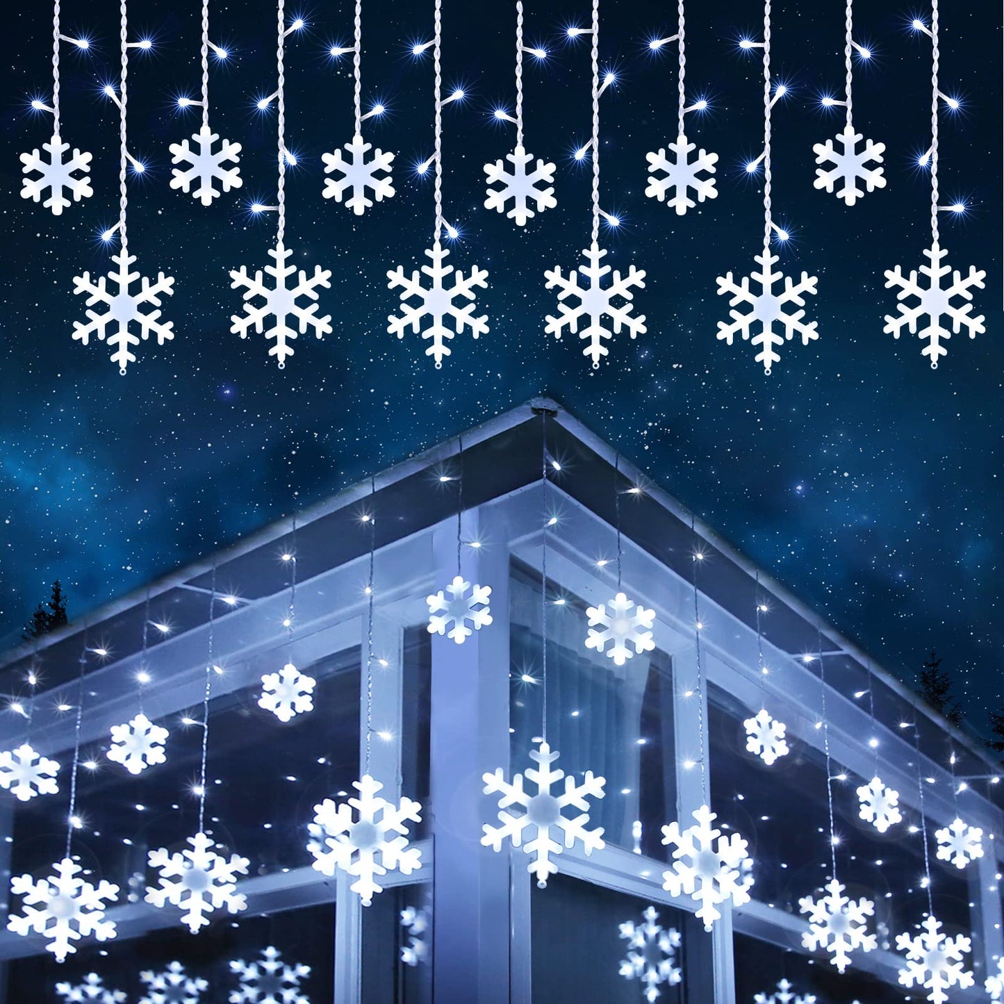 Christmas Snowflake Lights Outdoor, 17.22ft 264 LED Snowflake Icicle Lights with 22 Drops, Connectable, 8 Modes Waterproof White Christmas Light for Curtain, Eaves, Window, Xmas Decorations