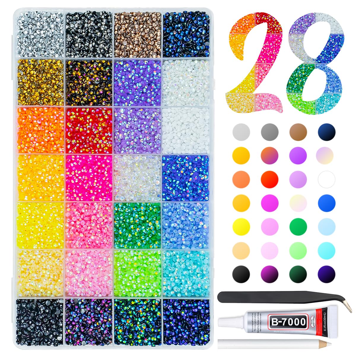 qiipii 28 Color 3mm Jelly Resin Rhinestones w B7000 Glue for Bedazzling Crafting Flatback Stones Colorful AB Gems Diamonds Bedaazler Kit Charms for Nails Eyes Face Makeup Tumblers Bottles DIY Crafts