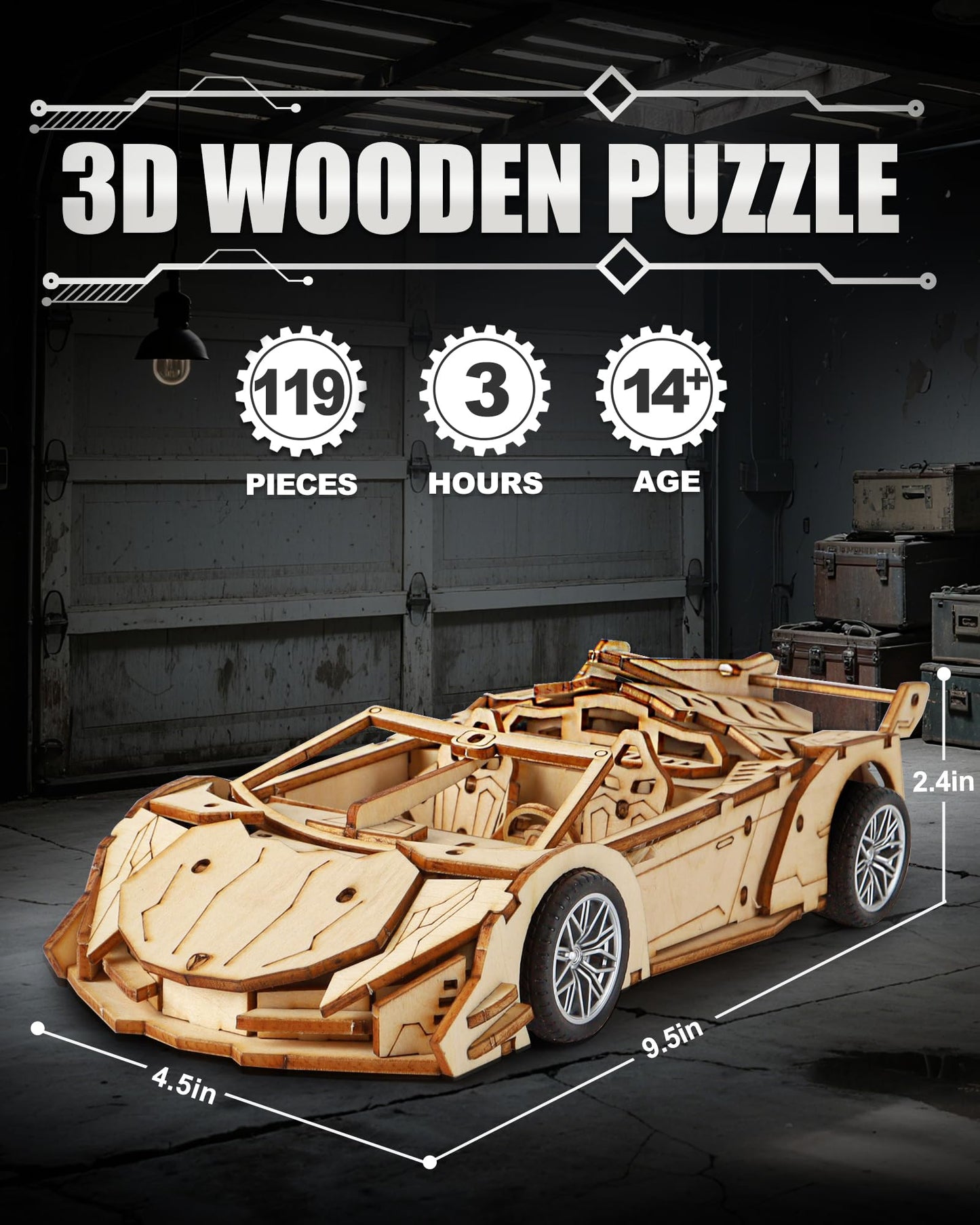 MOCBURIKU 3D Wooden Puzzles for Adults Roadster, Mechanical Wood Sport Car Model Kits for Adult to Build, DIY Assembly Building Toys with Pull Back Function, 119pcs Wood Craft Hobby Gift for Men Teens