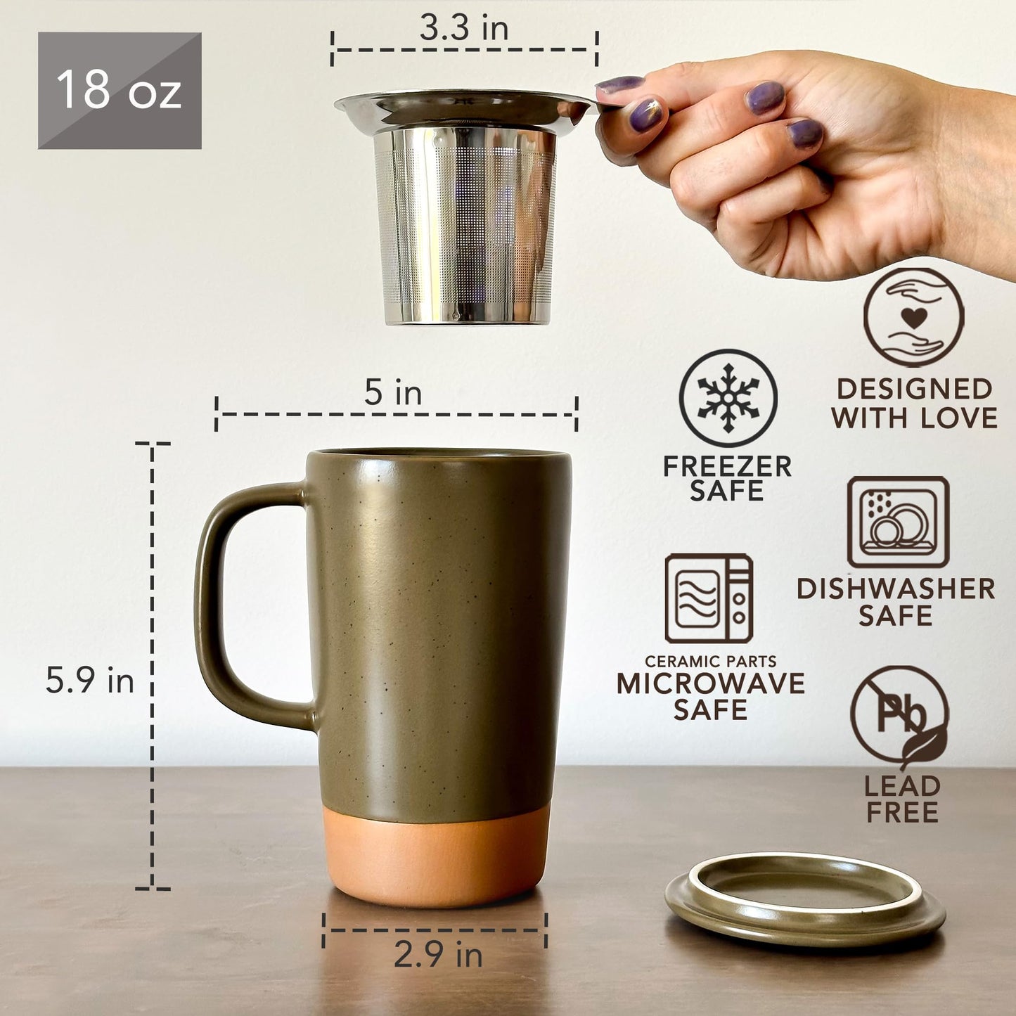 Ceramics Large Tea Mug with Loose Leaf Infuser and Ceramic Lid, 18 oz, Portable, Microwave and Dishwasher Safe, Tall Coffee Cup - Rustic Matte Ceramic Glaze, Modern Herbal Tea Strainer, Olive