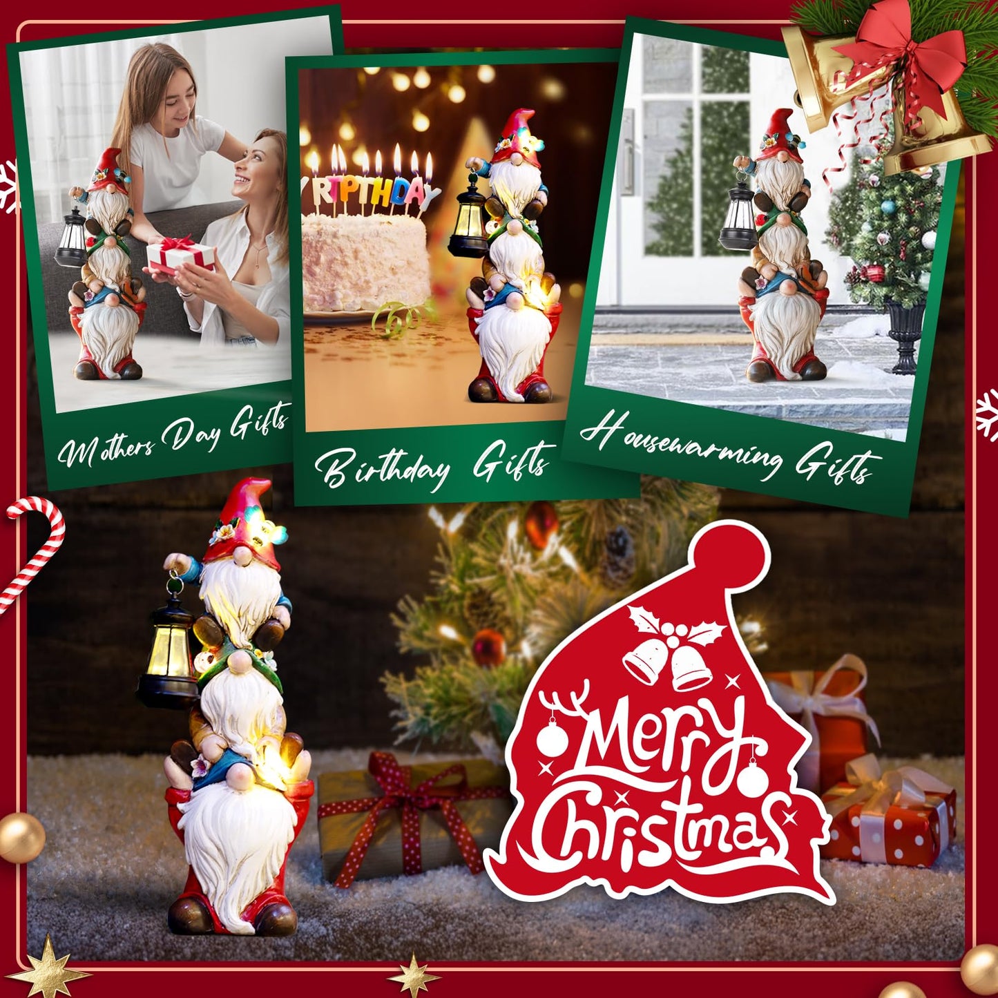 Christmas Gnome Statue with Solar Lights Garden Sculptures Funny Triple Gnome Outdoor Patio Lawn Yard Balcony Home Decor Birthday Gift for Woman Grandma 12 in Garden Gnome