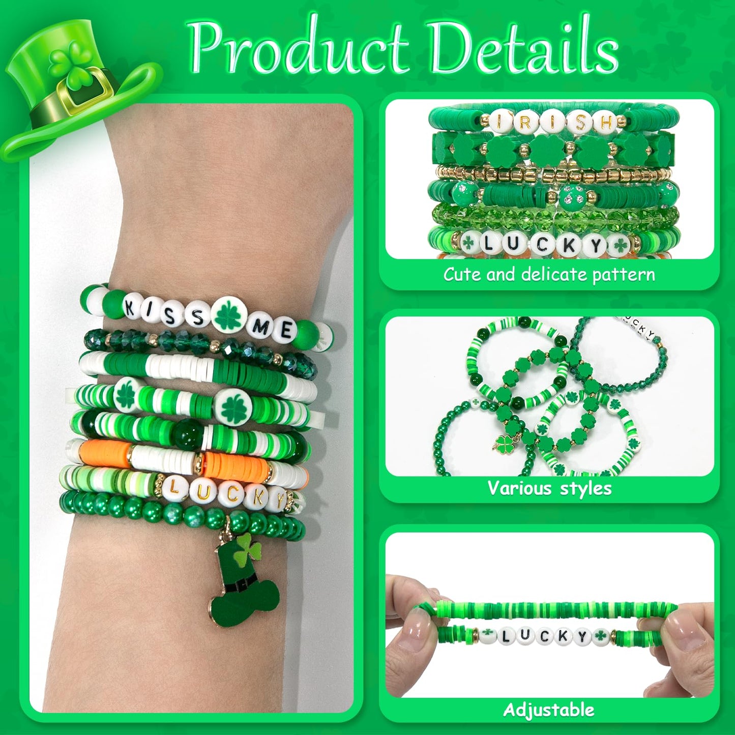 40 Pcs St. Patrick's Day Shamrock Bracelets Set Green Irish Clay Stretch Stackable Friendship Bracelet for Women, Party Favors Jewelry Gift Party Supplies