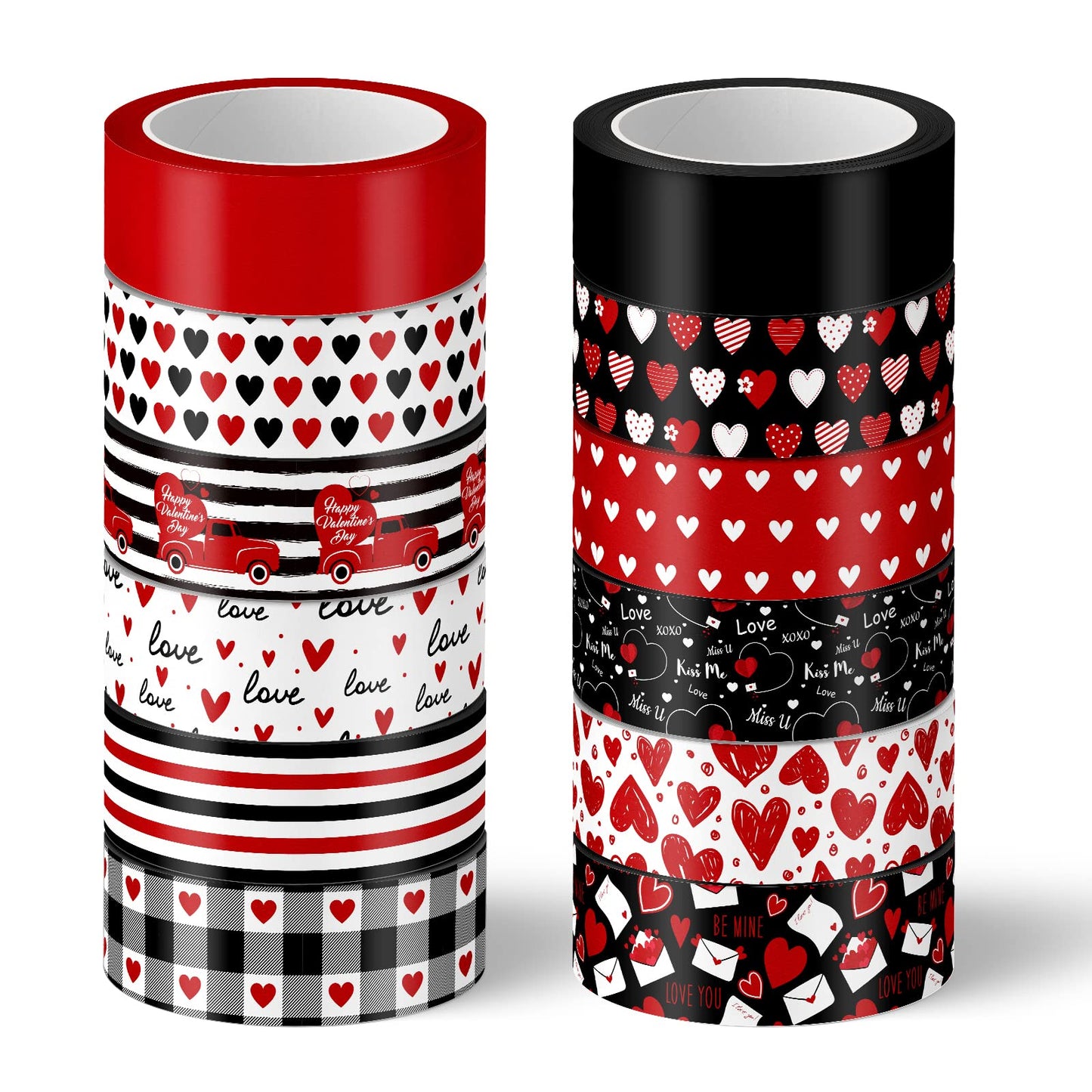 12 Rolls Valentine's Day Washi Tape Red Black Love Heart Truck Plaid Washi Masking Tape for Wedding Scrapbook Journal DIY Craft, 16.4Ft