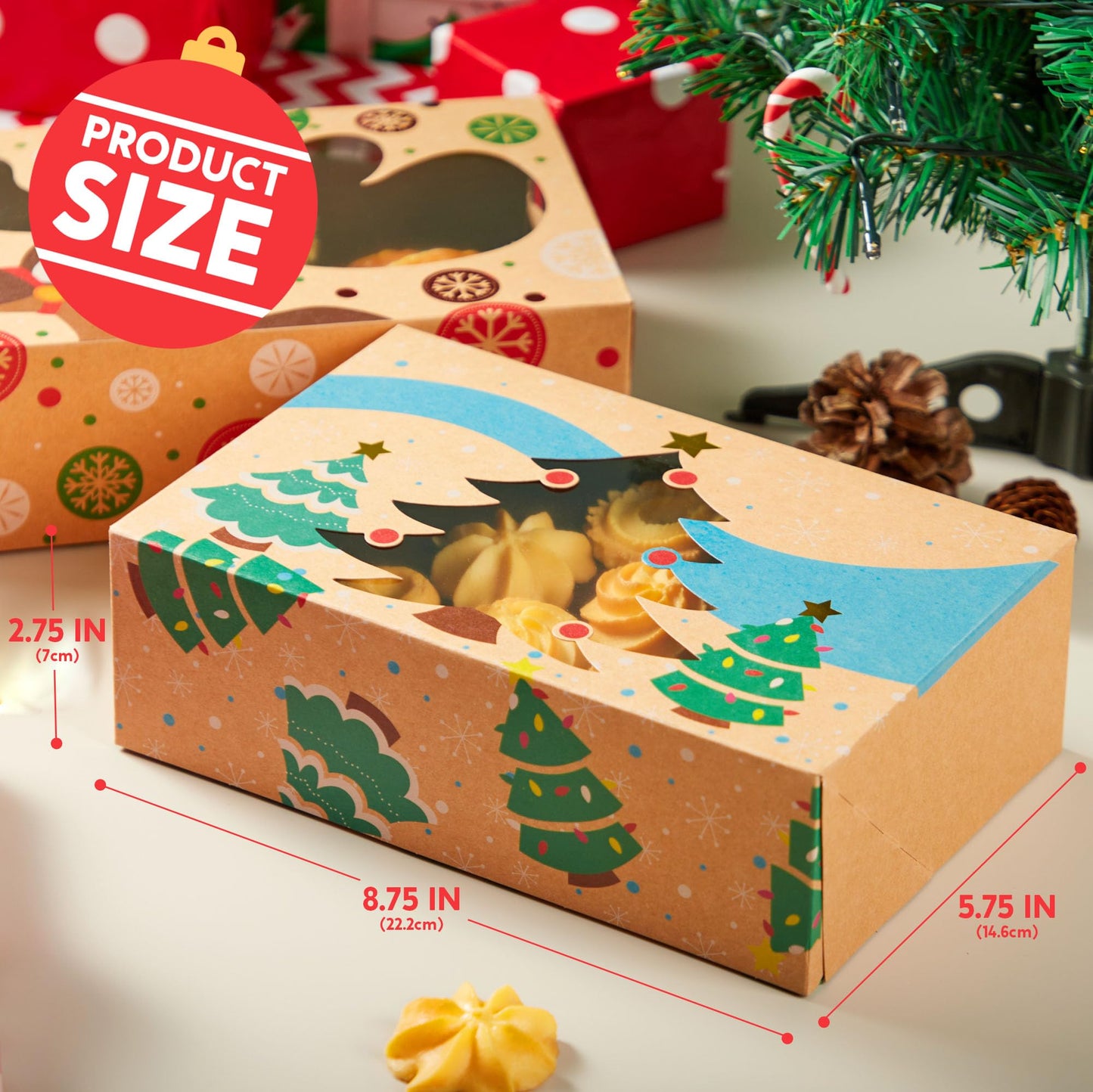 JOYIN 36PCS Christmas Cookie Boxes for Gift Giving, 8.5" x 5.75" x 2.75" Xmas Holiday Treat Cookie Tin with Window, 3 Designs Brown Foiled Kraft Bakery Boxes for Pastries, Cupcakes, Brownies, Doughnut