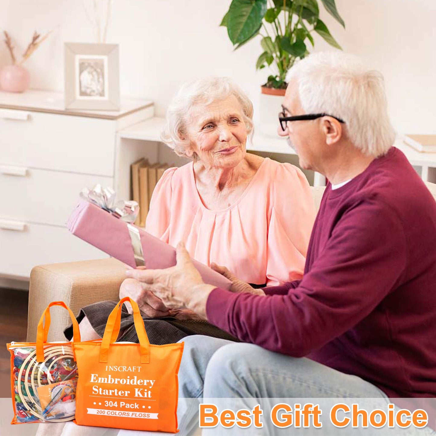 INSCRAFT 304 Pack Embroidery Kit, 200 Colors Threads, 5 Pcs Bamboo Embroidery Hoops, 2 Pcs Aida Cloth, Instructions, Bag and Cross Stitch Tools Set, Hand Embroidery Starter Kit for Beginners Adults