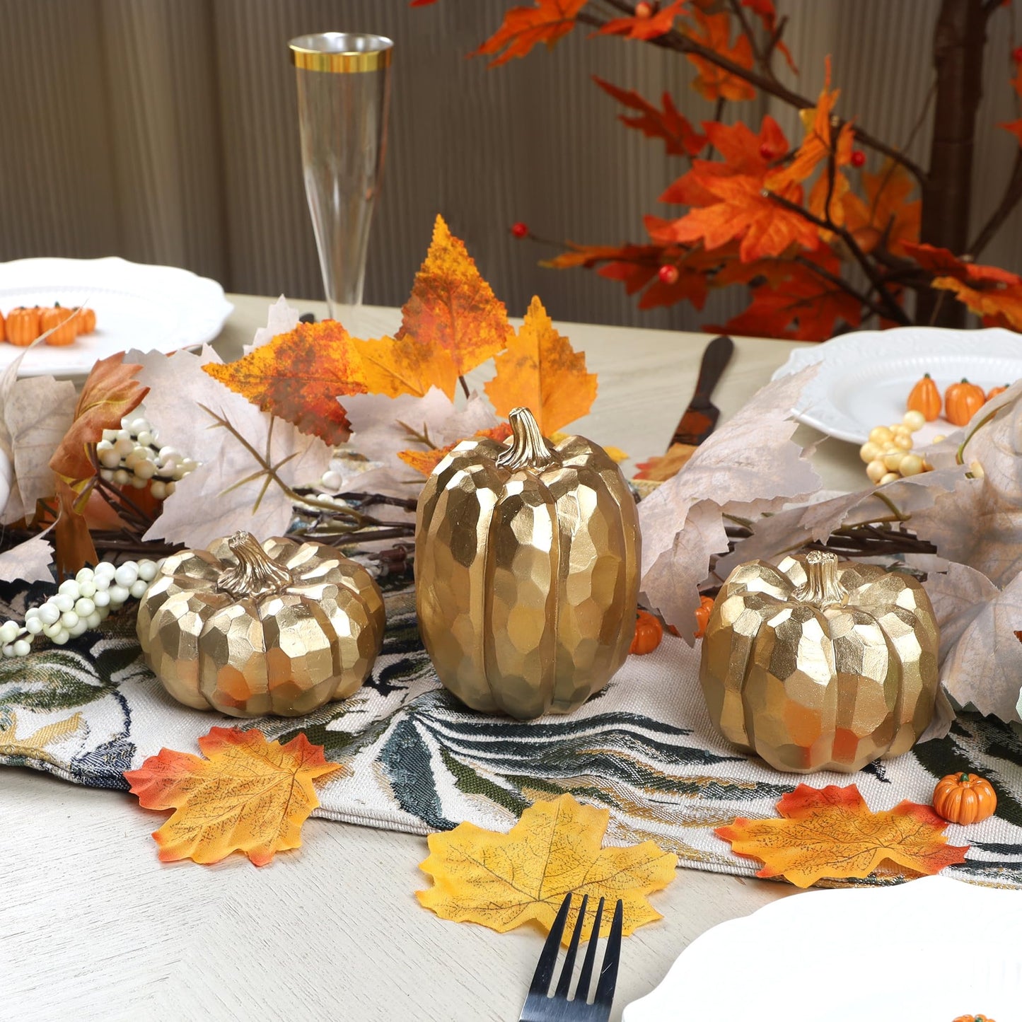 3 Pack Gold Pumpkins Thanksgiving Decorations- Fall Decor for Home, Table, Fireplace Mantel, Office, Elegant Decorative Pumpkin Autumn Indoor Decor