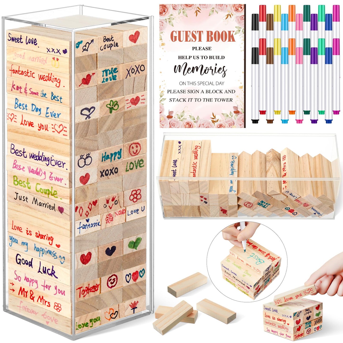 80 Pcs Wedding Guest Book Alternative Wooden Block Guest Book for Wedding Sign in Bridal Shower Decoration Wooden Block Bridal Shower Game for Sign in, Reception(Floral)